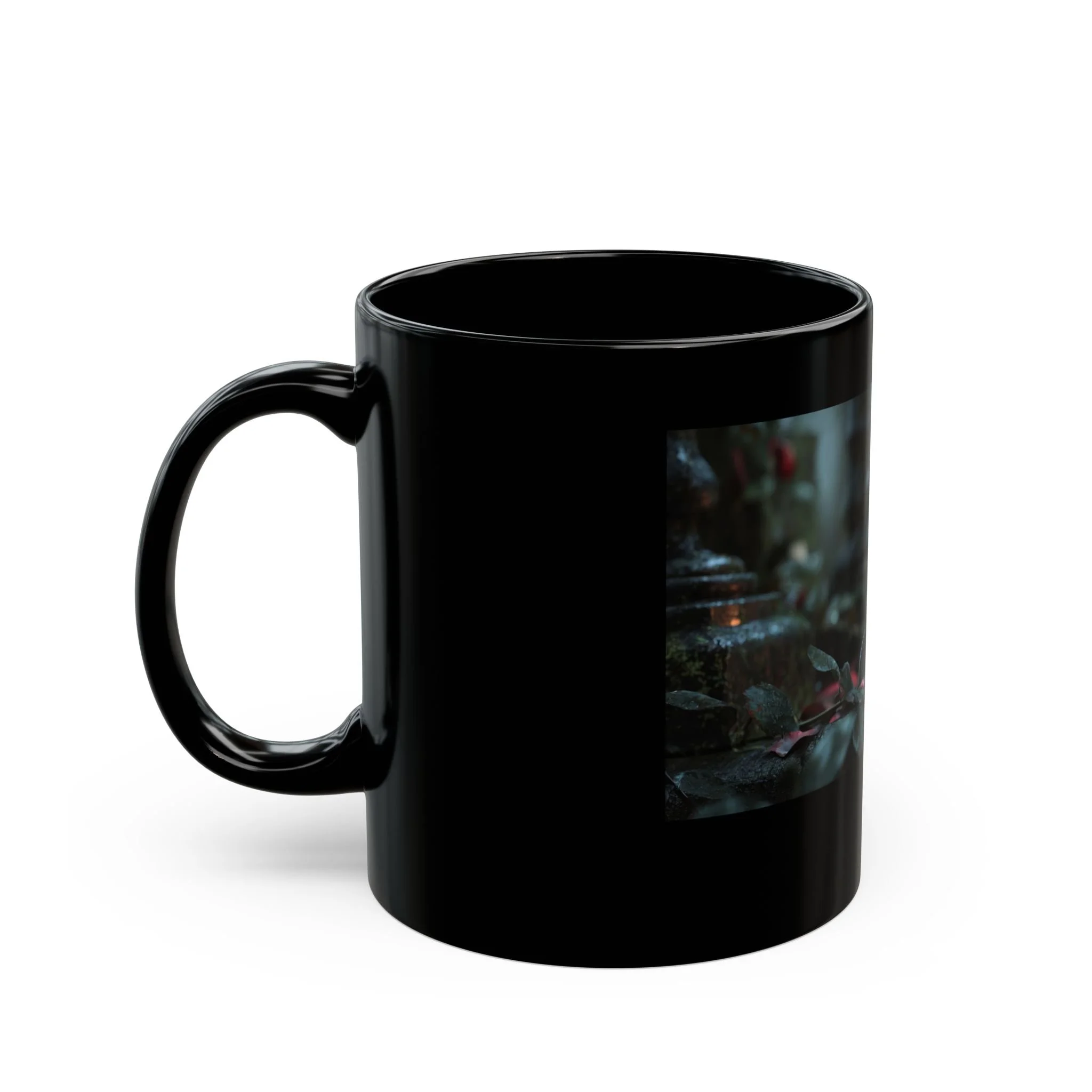 Side view of black Roses Ruin Romance mug showing wraparound artwork