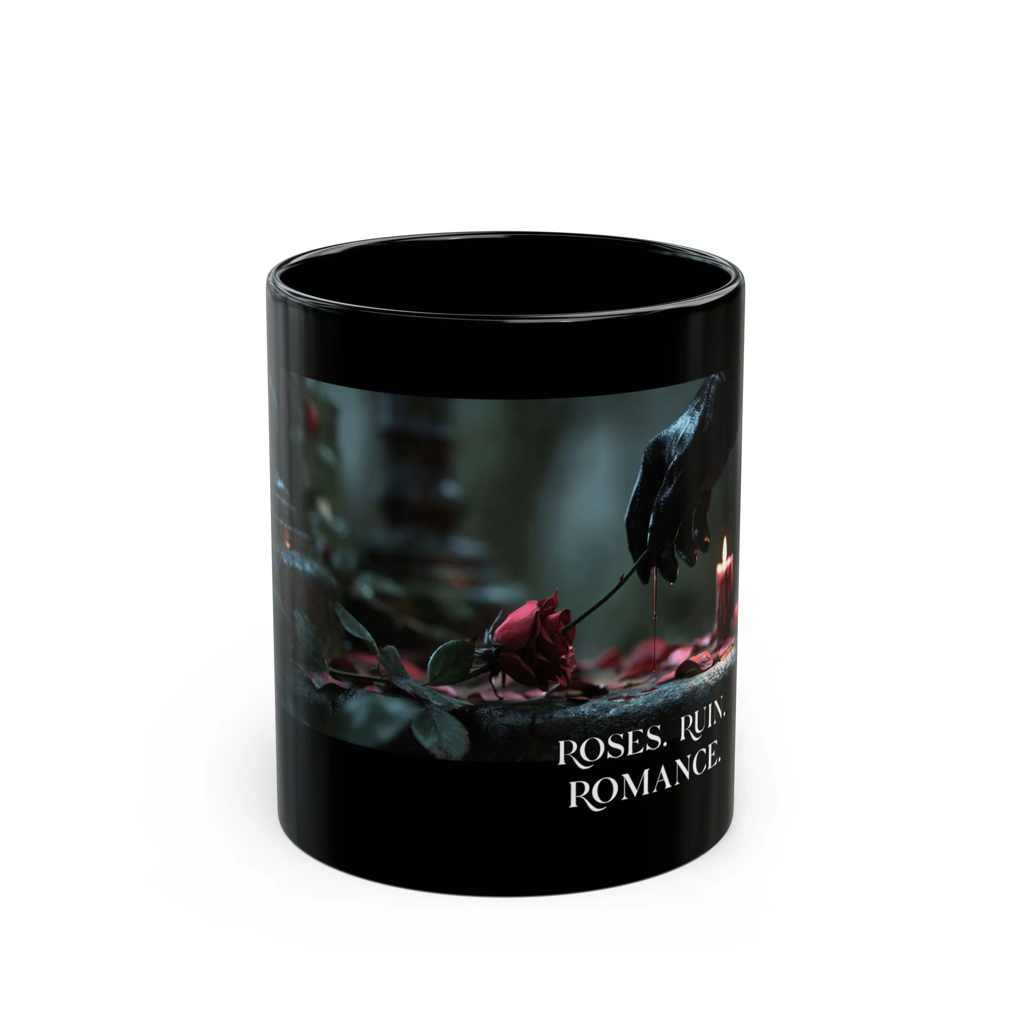 Front view of black Roses Ruin Romance mug featuring rose and candle artwork