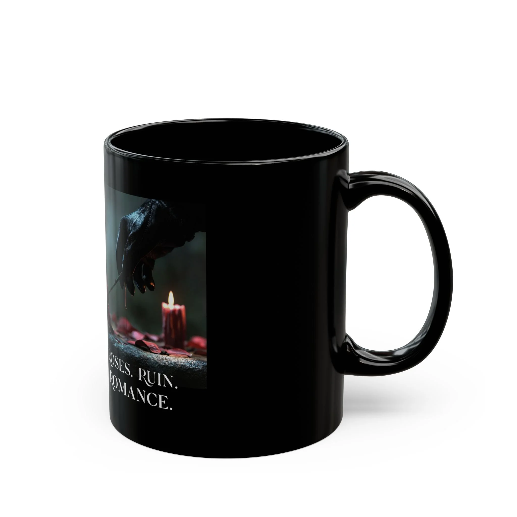 Side view of black Roses Ruin Romance mug showing wraparound artwork