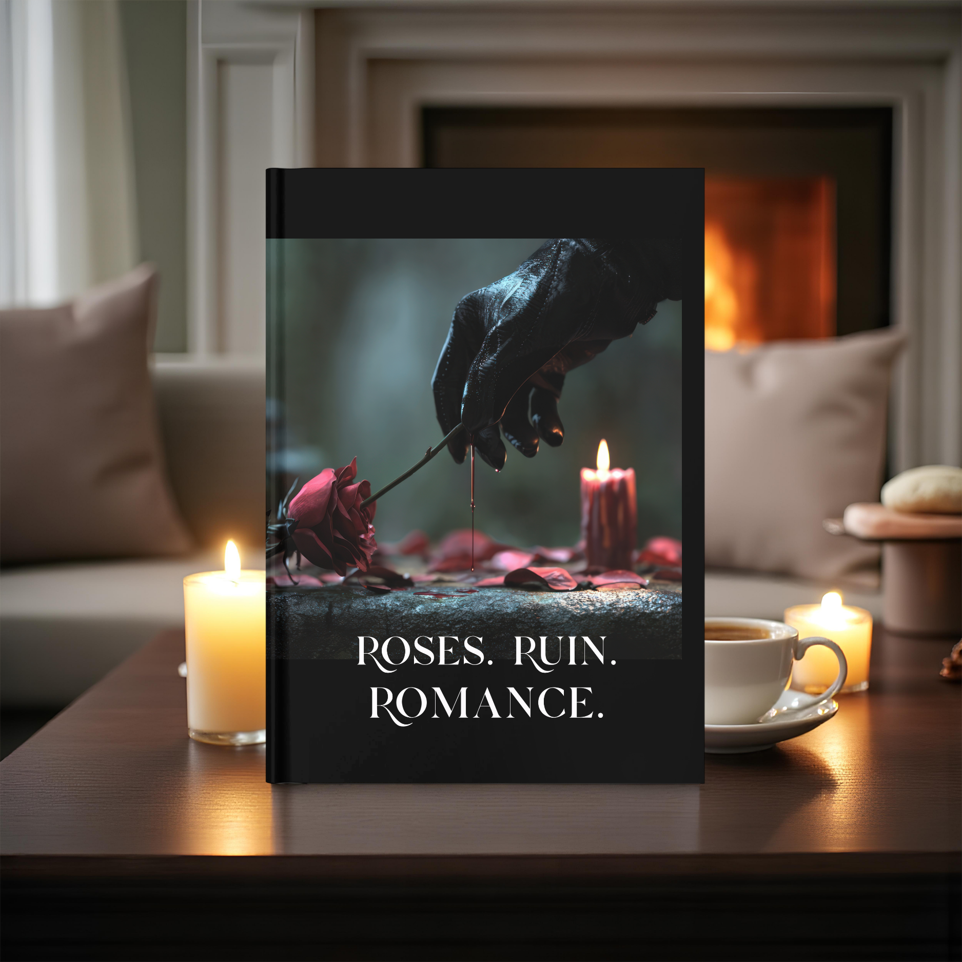 Roses Ruin Romance hardcover journal displayed beside candles and a warm fireplace