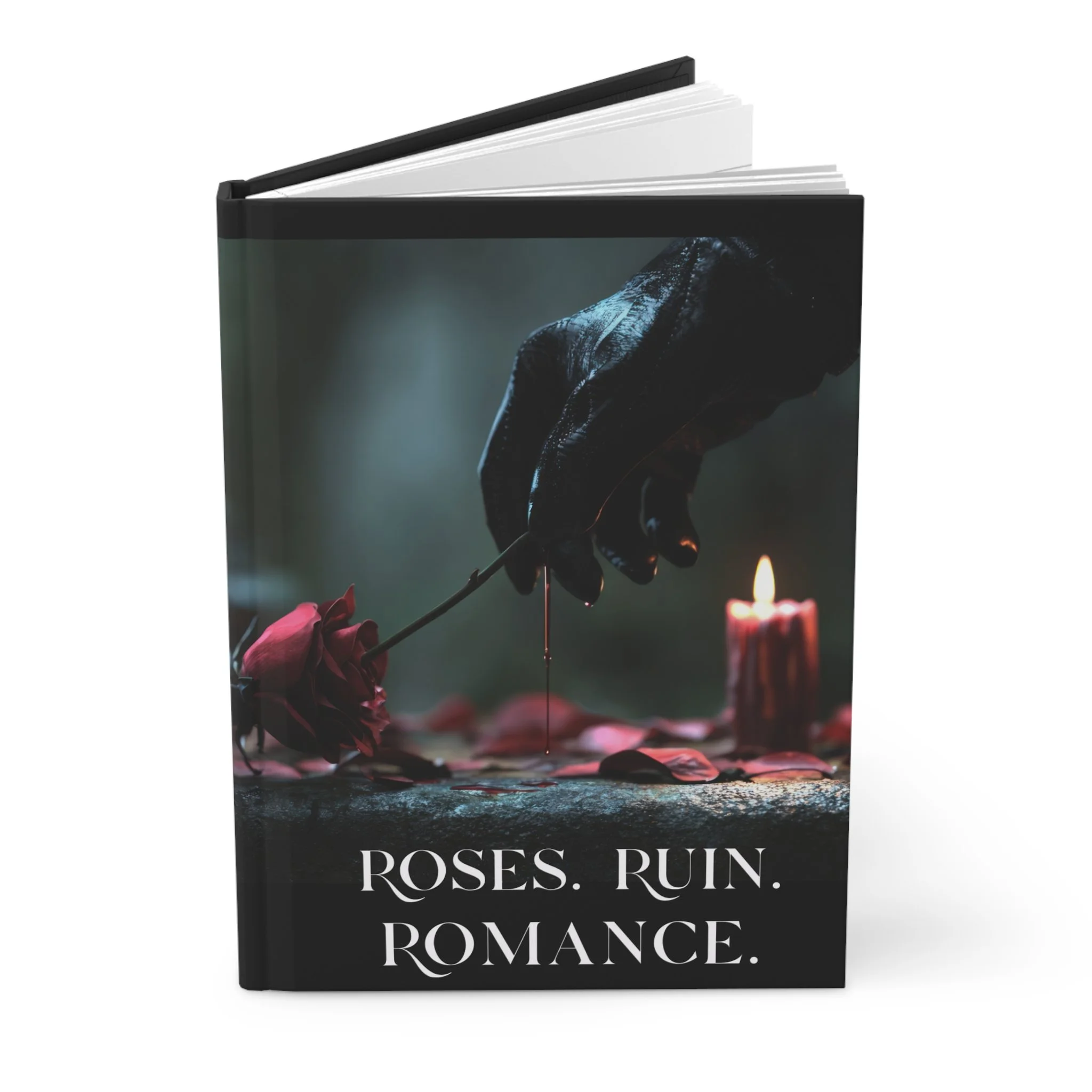 Angled view of Roses Ruin Romance hardcover journal showing spine and front cover