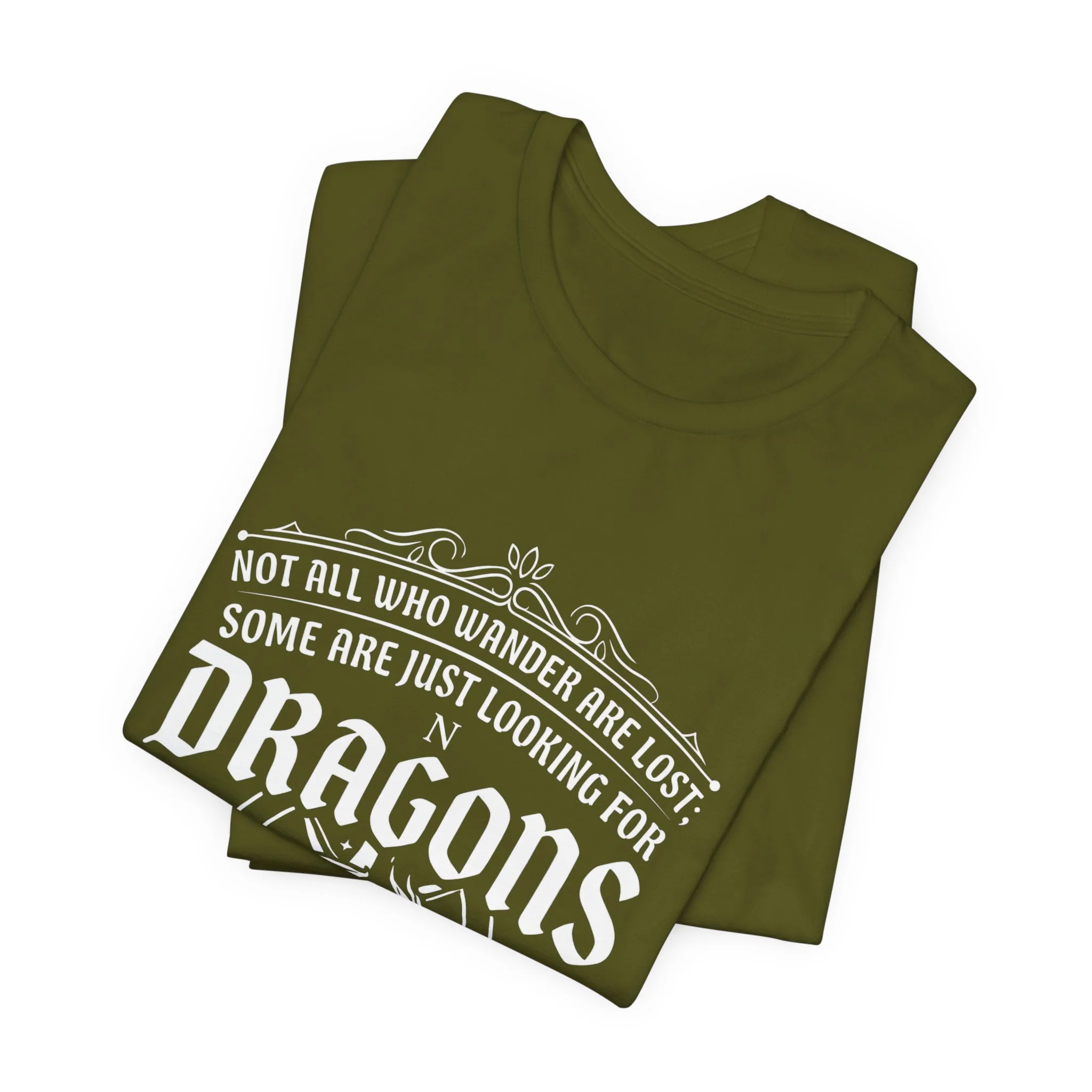 Folded Olive Bella+Canvas fantasy dragon graphic t-shirt.