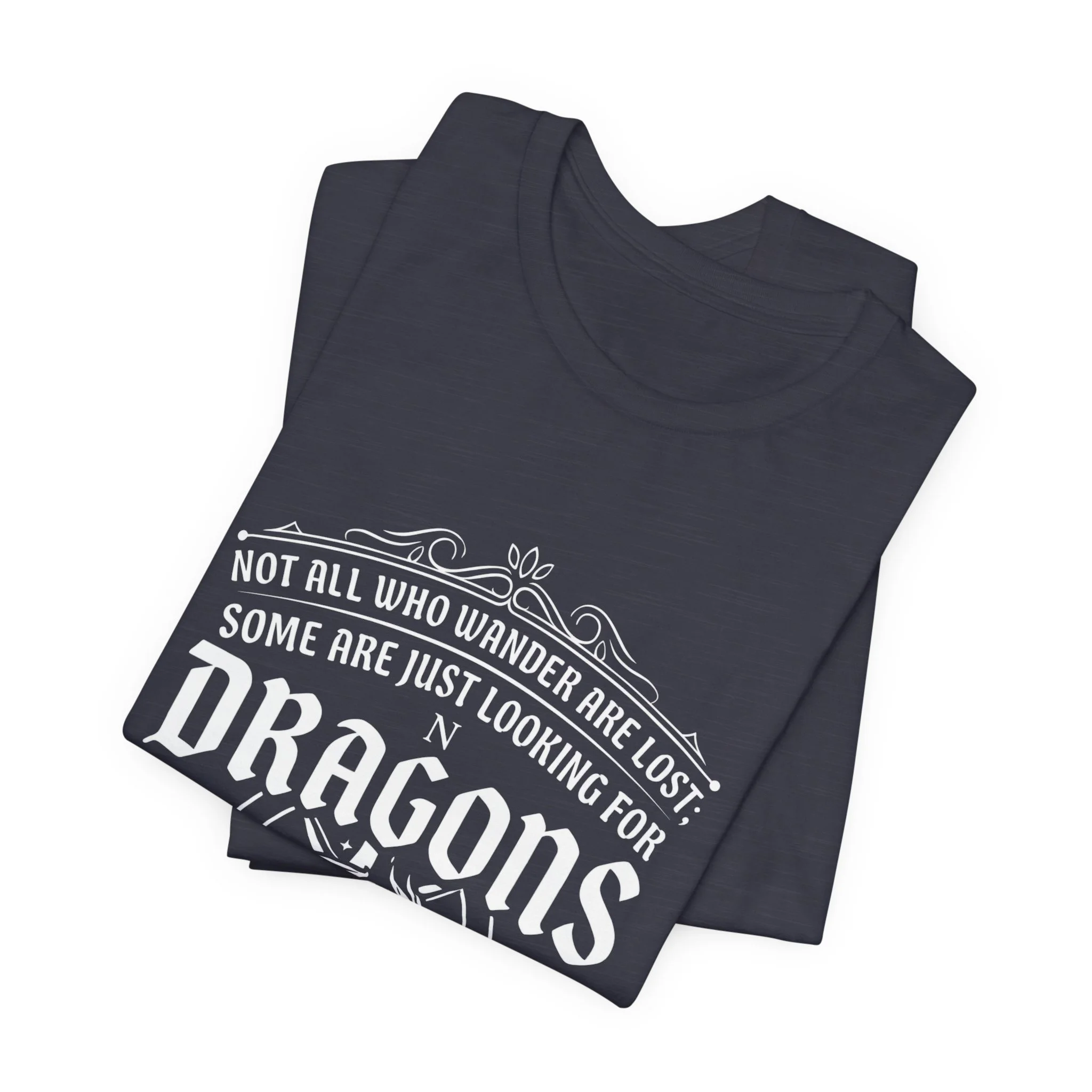 Folded Heather Midnight Navy Bella+Canvas fantasy dragon graphic t-shirt.