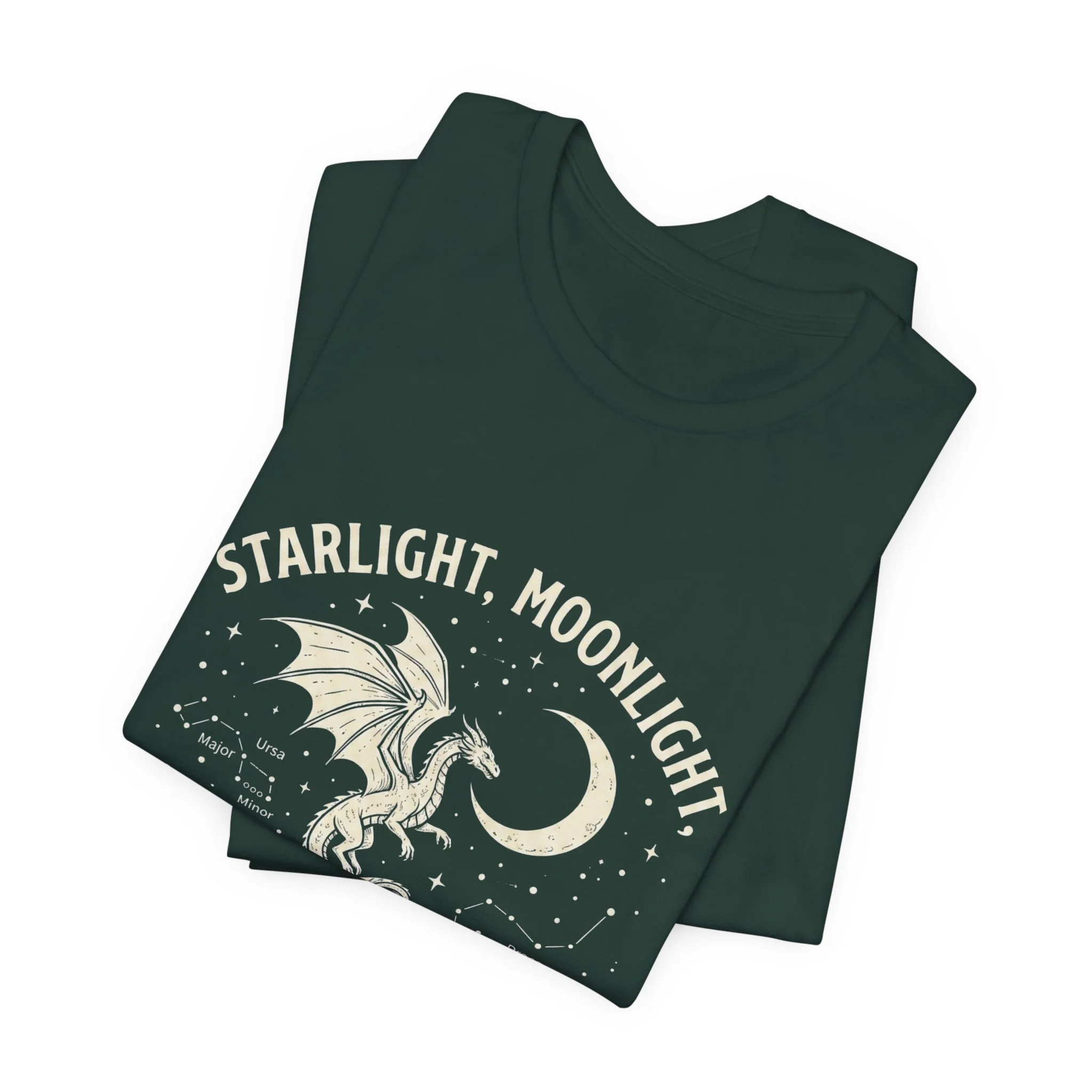 Folded Forest Green Bella+Canvas t-shirt with vintage dragon and crescent moon design.