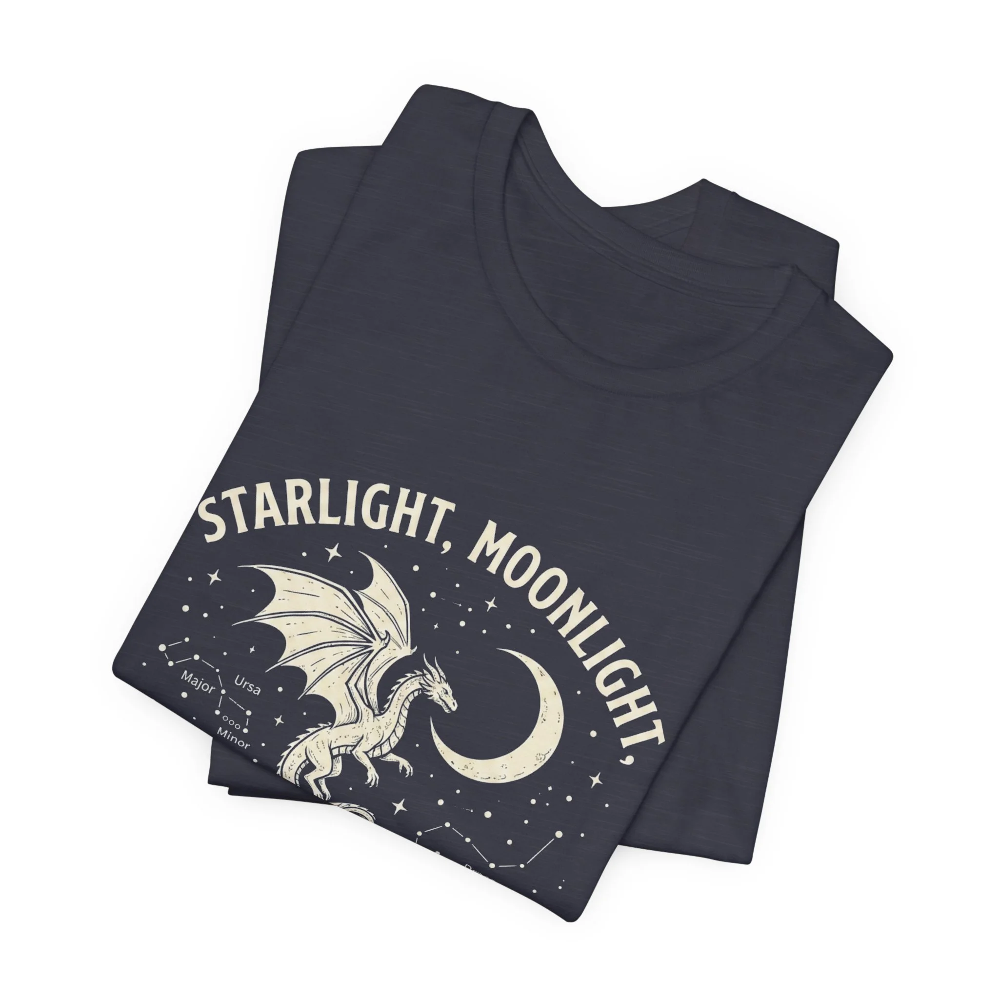 Folded Heather Midnight Navy Bella+Canvas fantasy dragon graphic t-shirt.