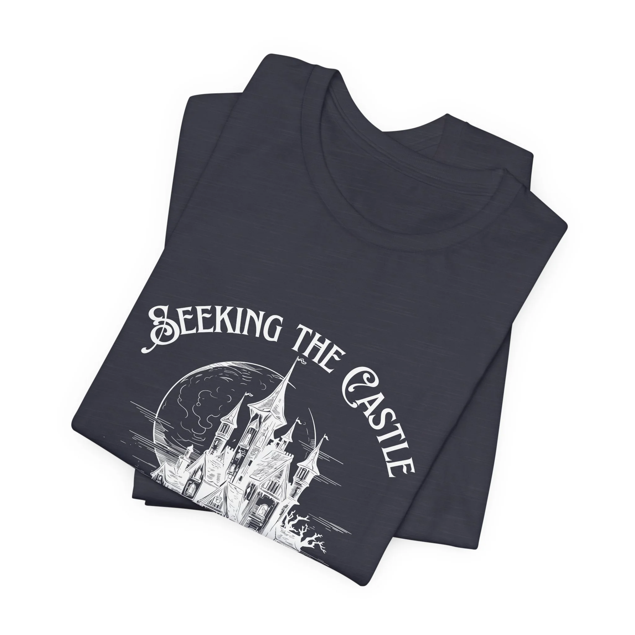 Folded Heather Midnight Navy Bella+Canvas t-shirt featuring the "Seeking the Castle" design.