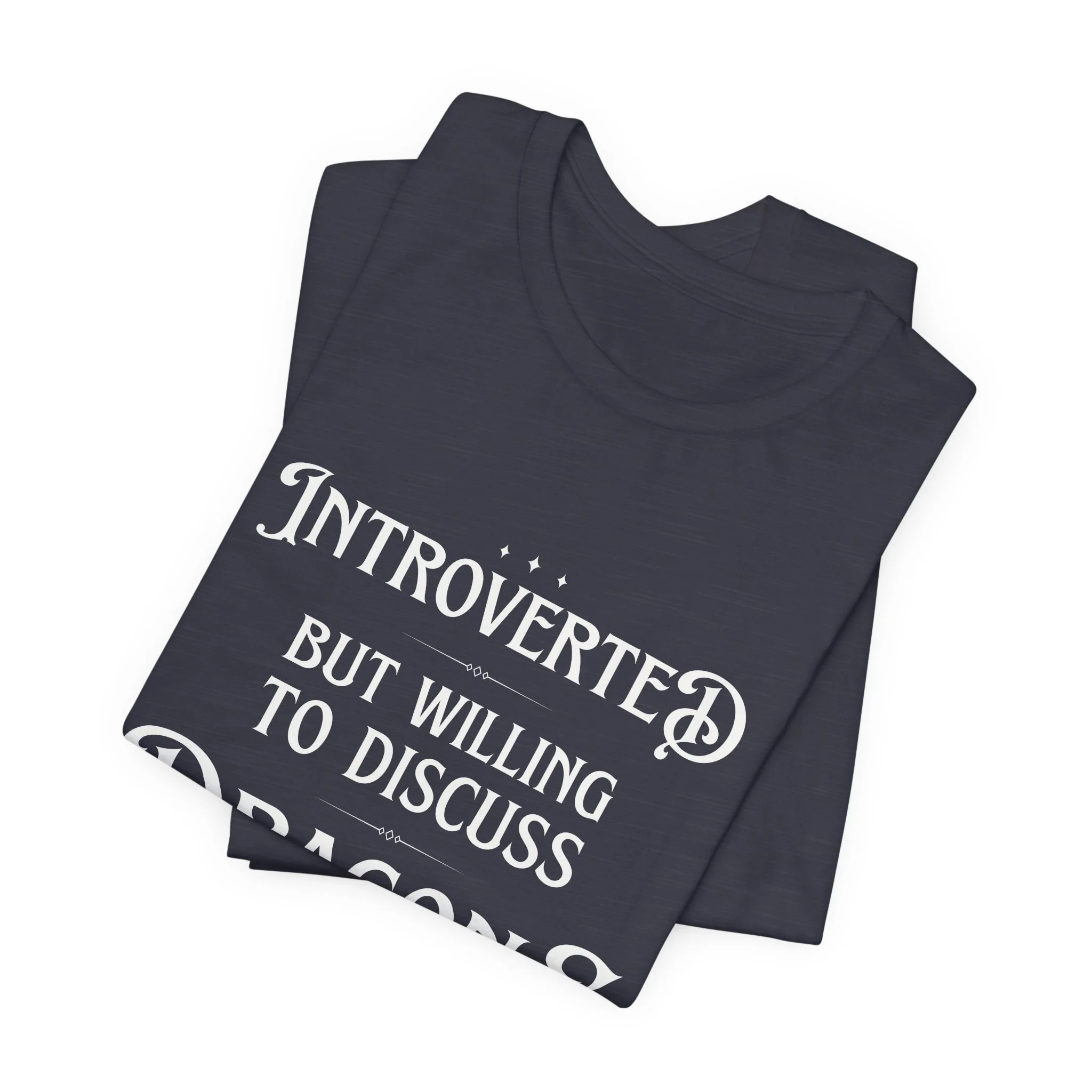 Folded Heather Midnight Navy Bella Canvas t-shirt with dragon-themed typograp