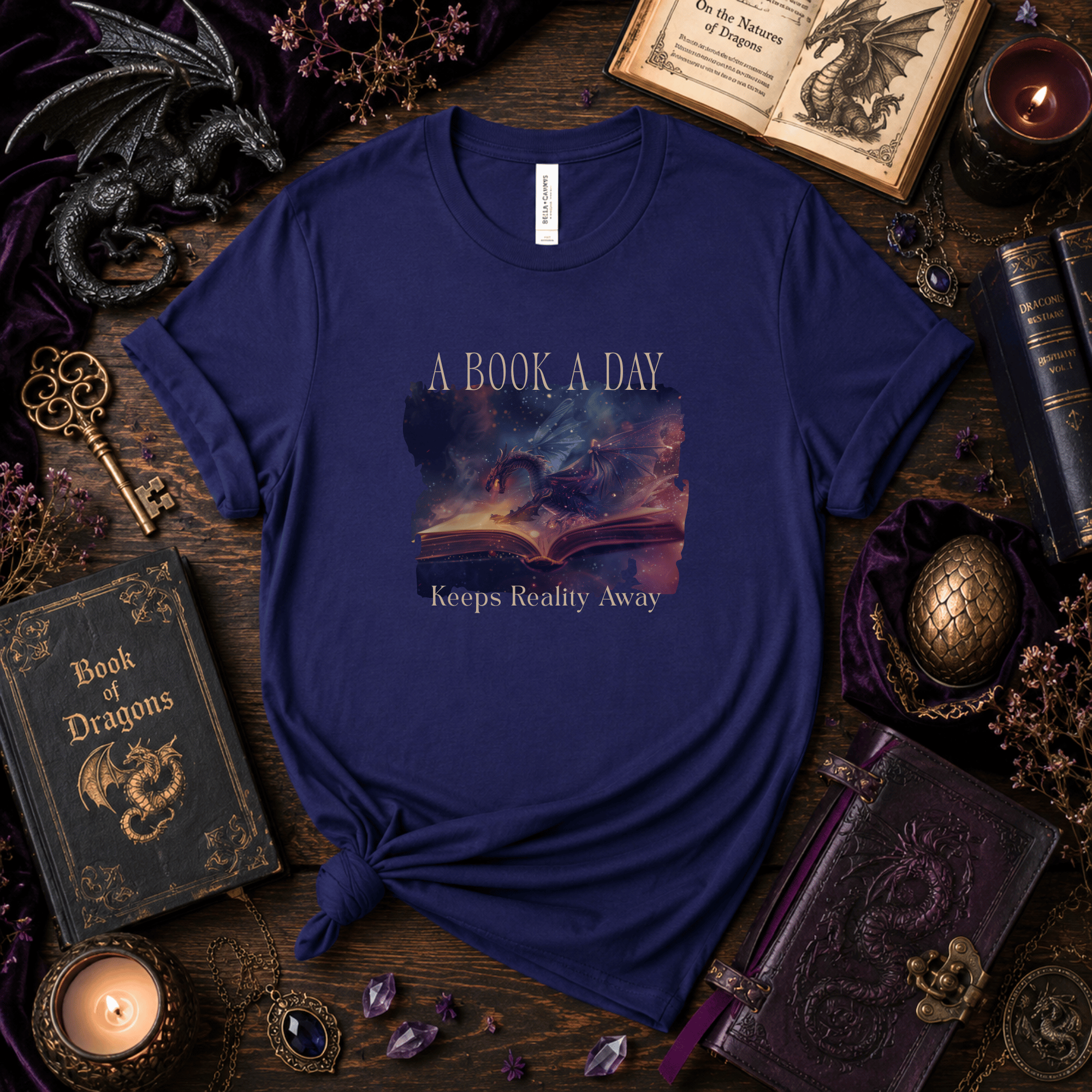 Fantasy Dragon T-Shirt - "A Book A Day Keeps Reality Away" Design