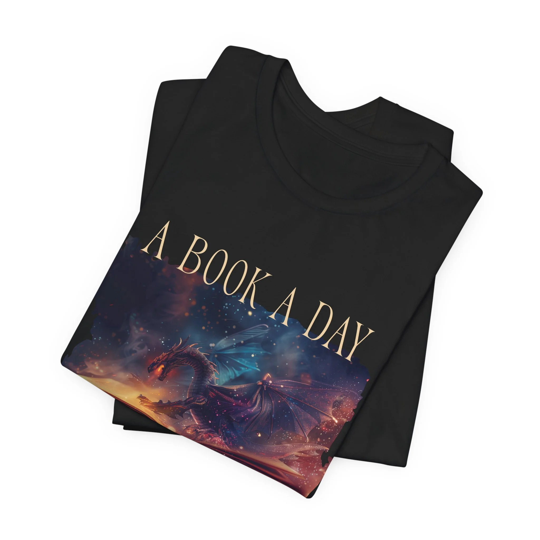 Black fantasy reader graphic tee featuring colorful dragon and galaxy artwork with gold lettering.