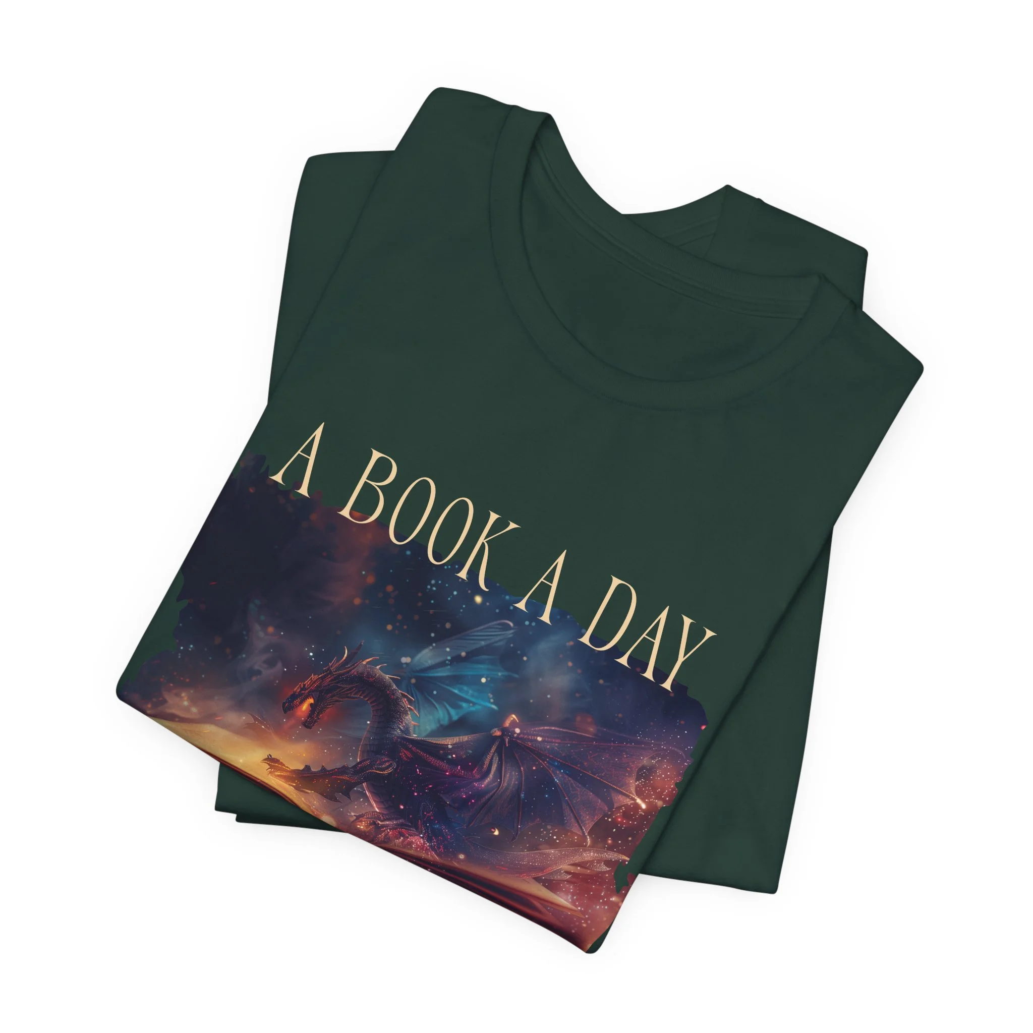 Dark green book lover t-shirt with fantasy artwork and "A Book a Day" text.