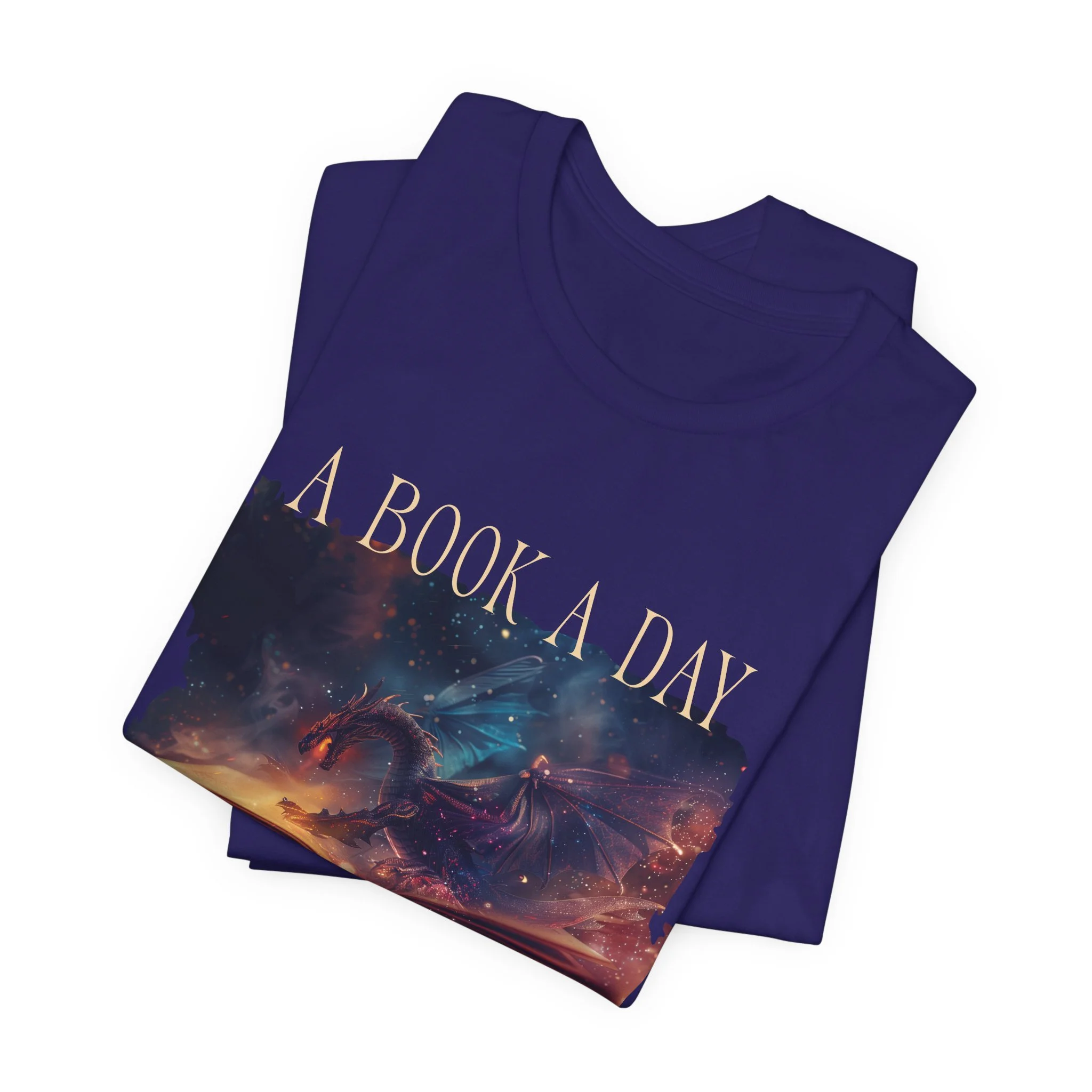 Team Navy bookish graphic tee for fantasy readers with vibrant cosmic artwork.