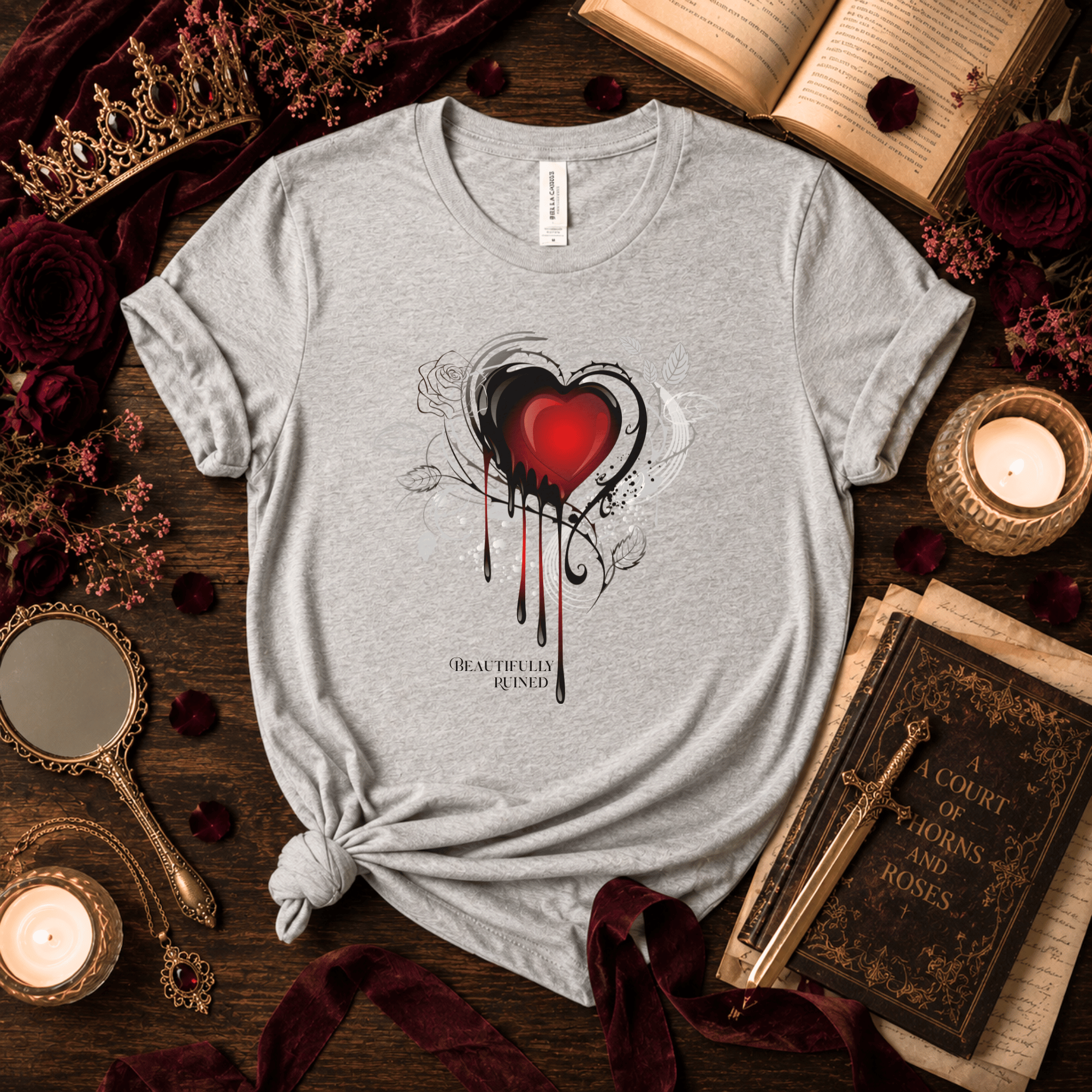 Beautifully Ruined Heart Graphic T-Shirt – Gothic Romance Fantasy Tee