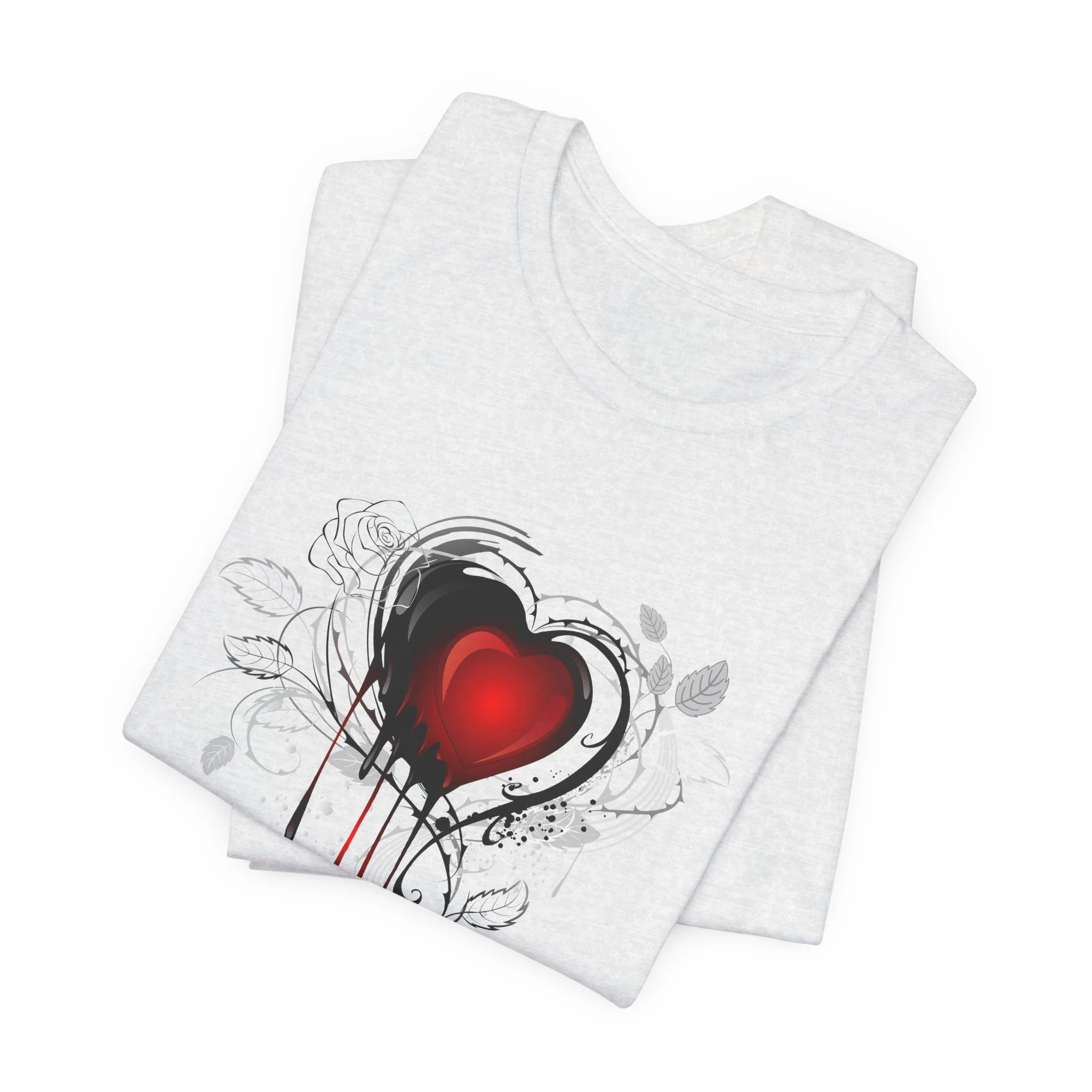 Gray Beautifully Ruined t-shirt styled flat lay featuring gothic red heart fantasy design.