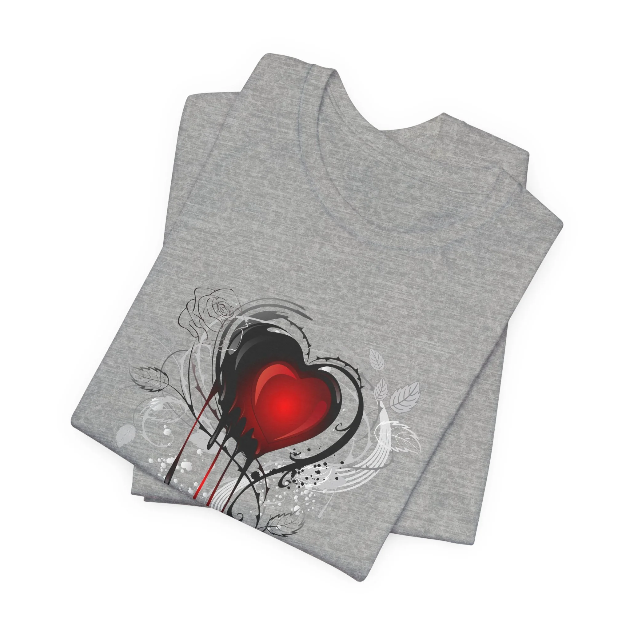 Beautifully Ruined fantasy shirt in Athletic Heather with glowing red heart illustration.