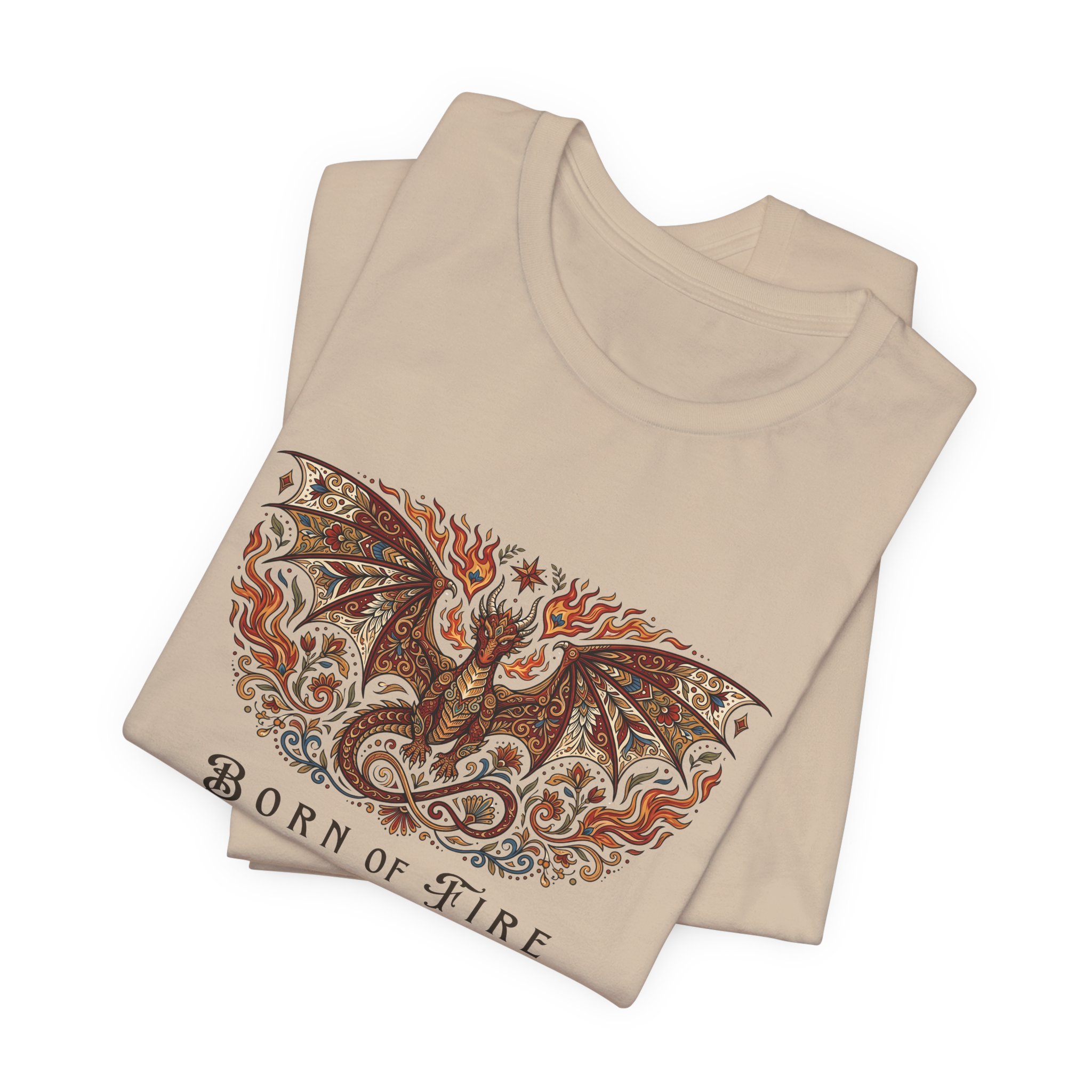 Tan dragon shirt with elegant fantasy artwork and decorative autumn motifs.