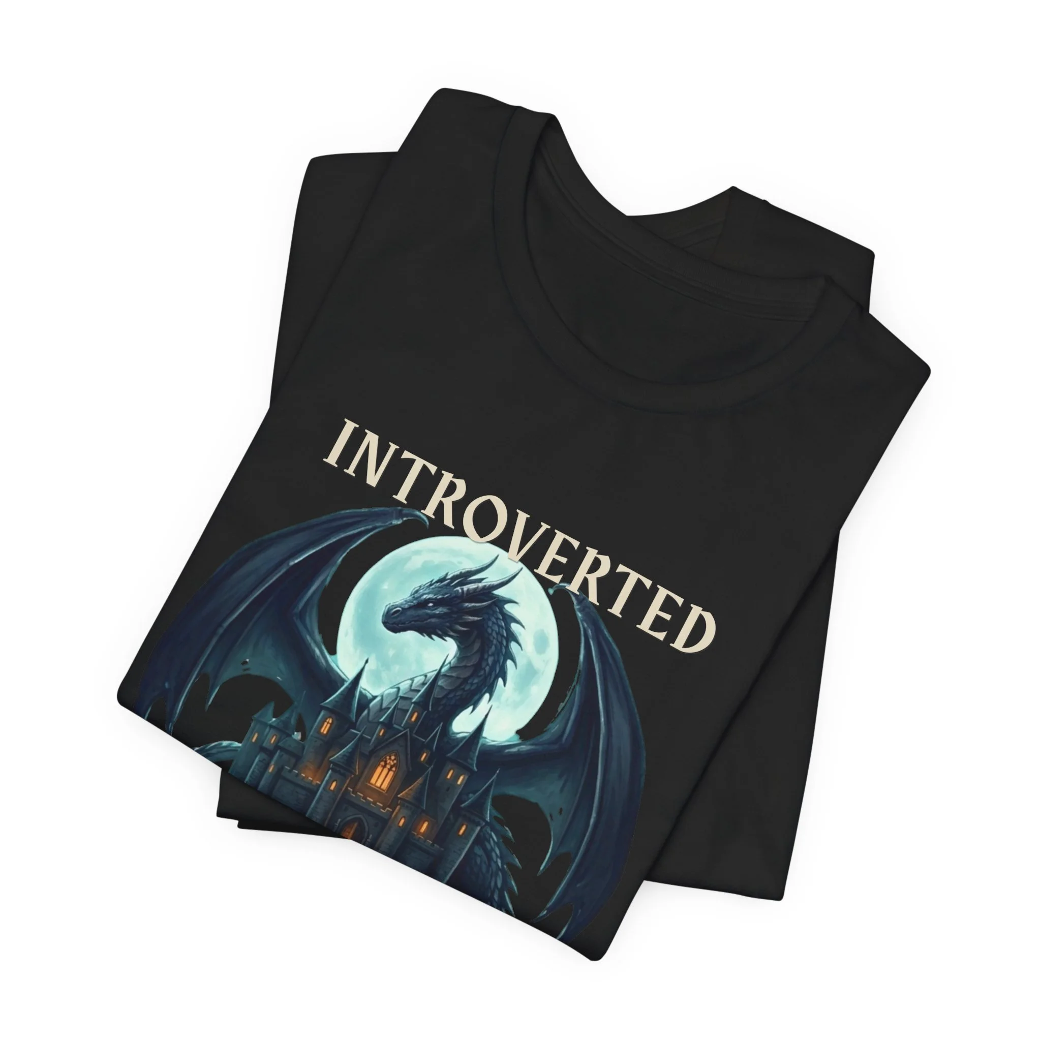 Black graphic tee featuring a dragon silhouette against a full moon with introvert humor text.