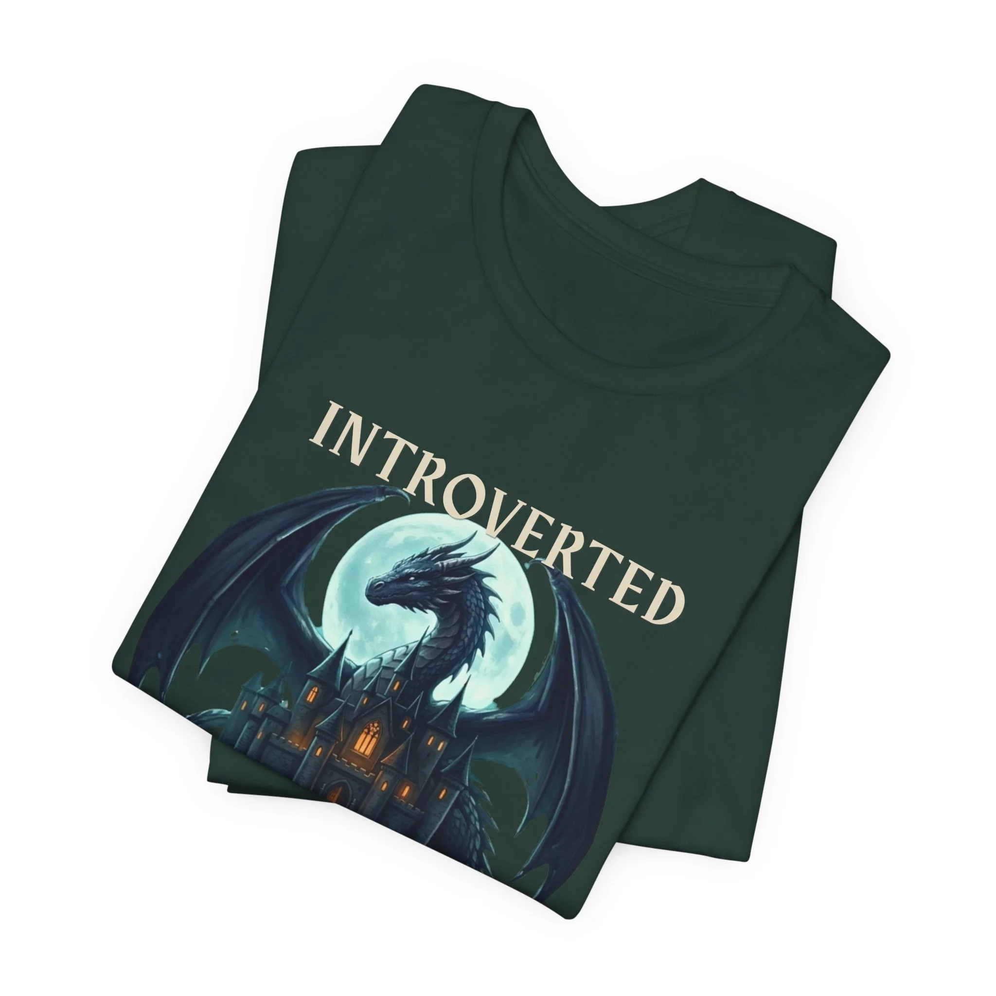 Forest green fantasy graphic tee with dragon artwork illuminated by a full moon.