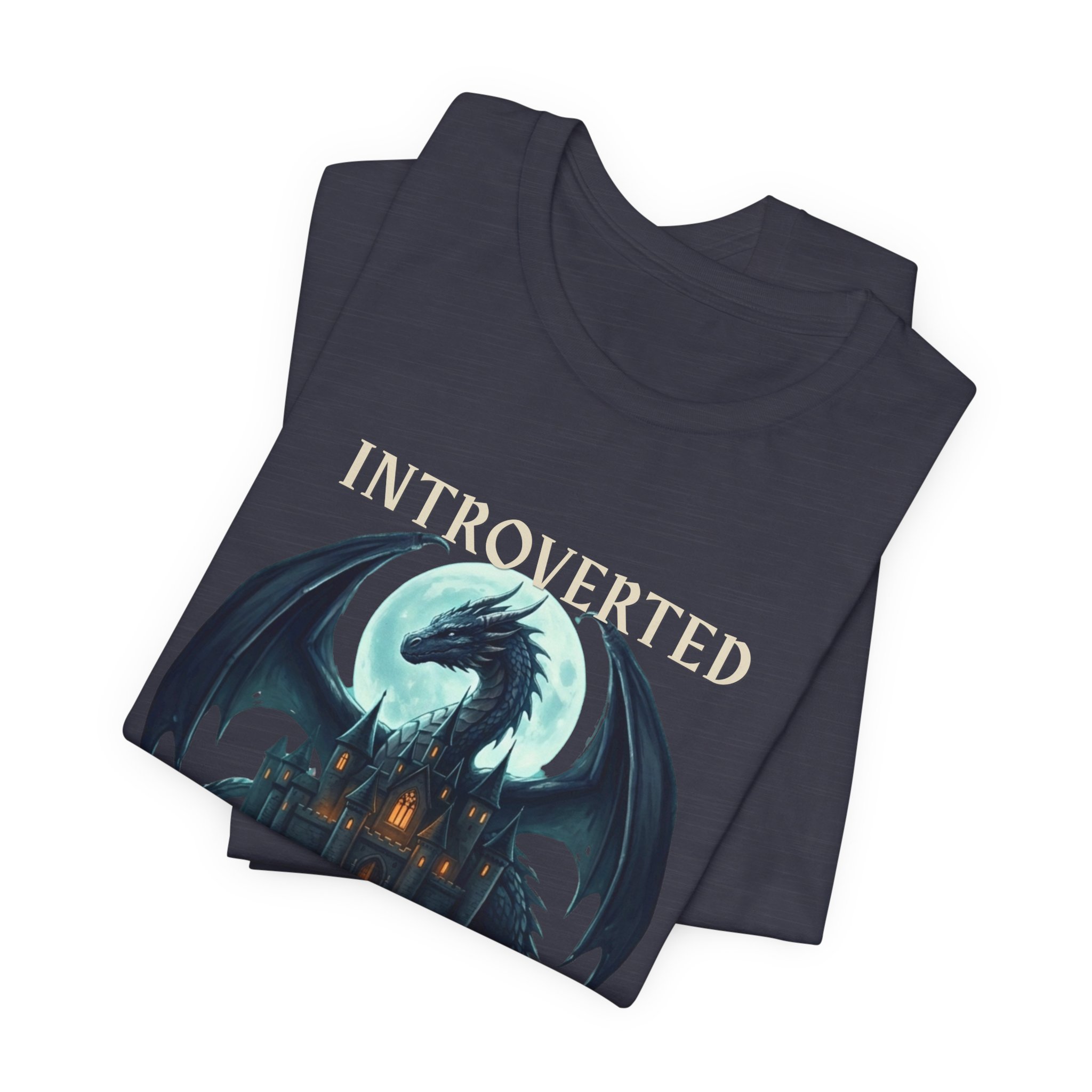 Heather midnight navy fantasy shirt with moonlit dragon design and glowing village details.
