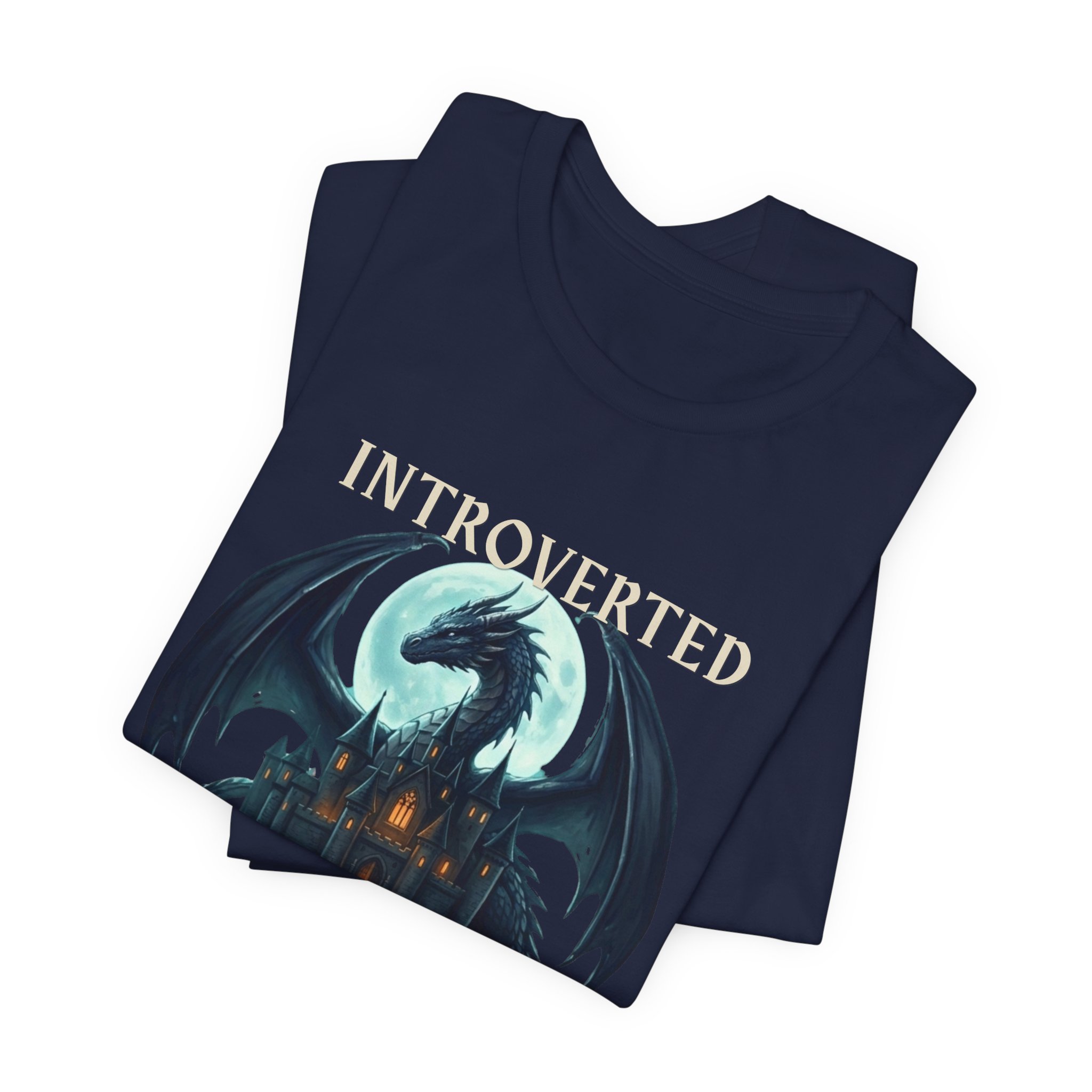 Folded navy dragon lover shirt with glowing moon artwork and fantasy-inspired typography.