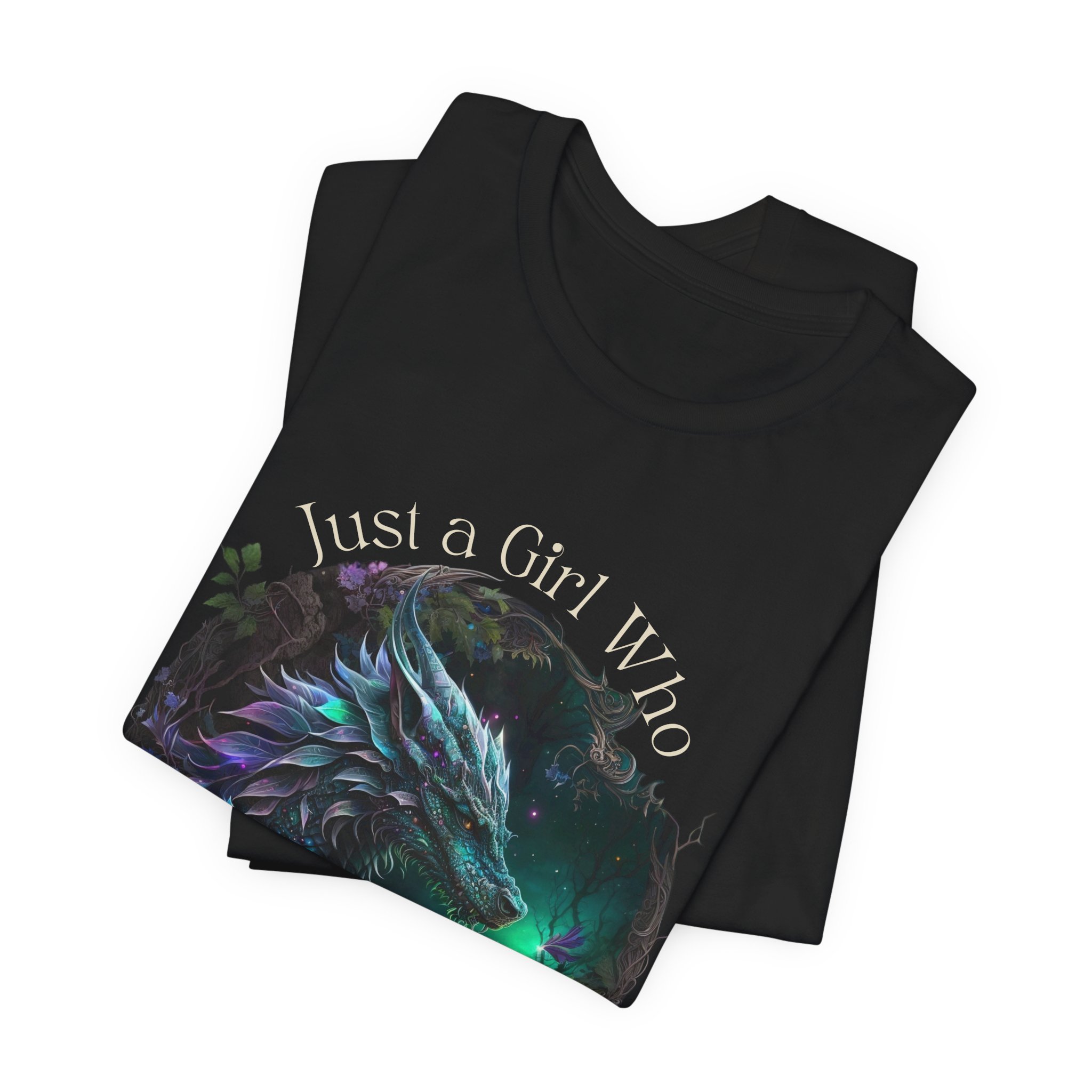 Black fantasy graphic tee featuring an iridescent dragon and magical details.