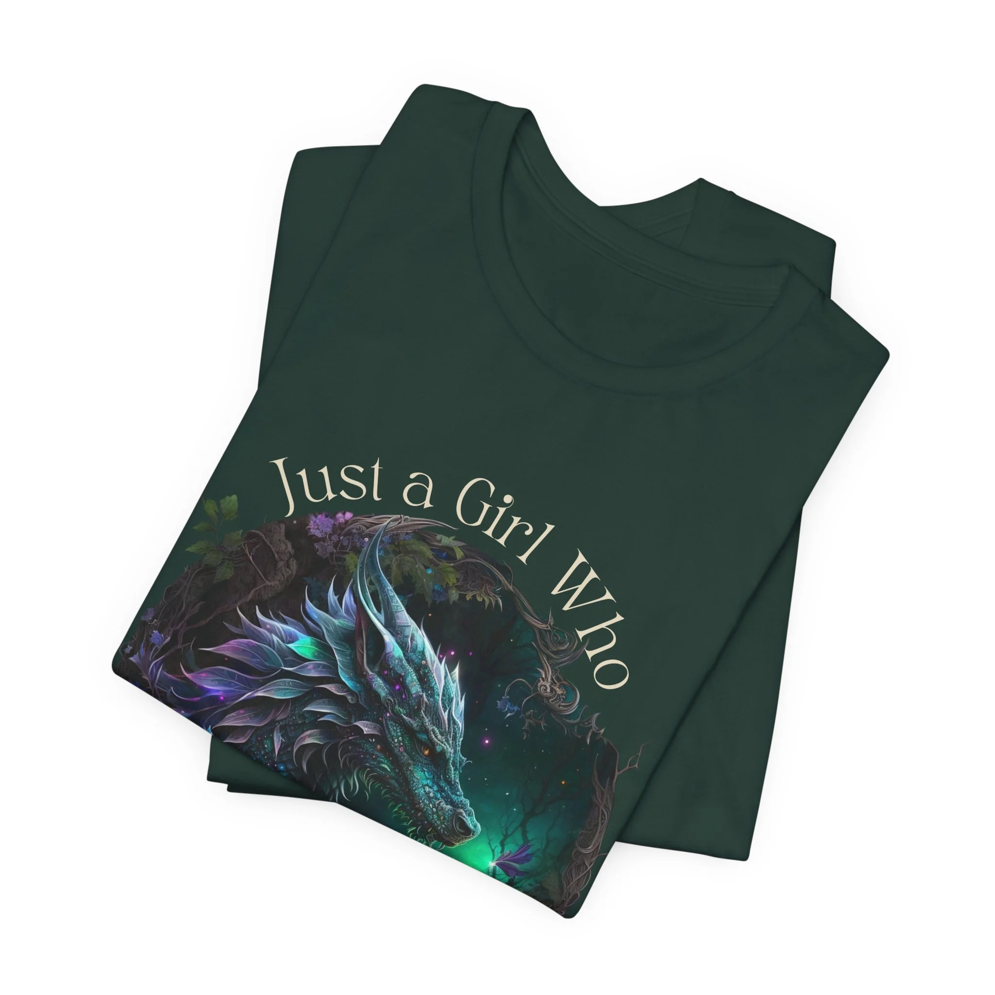 Forest green fantasy shirt featuring a majestic dragon surrounded by vibrant blue and purple accents.