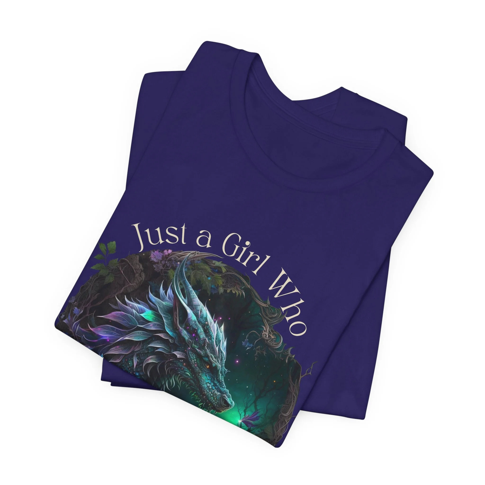 Folded team navy graphic tee with colorful dragon artwork and fantasy-inspired lettering.