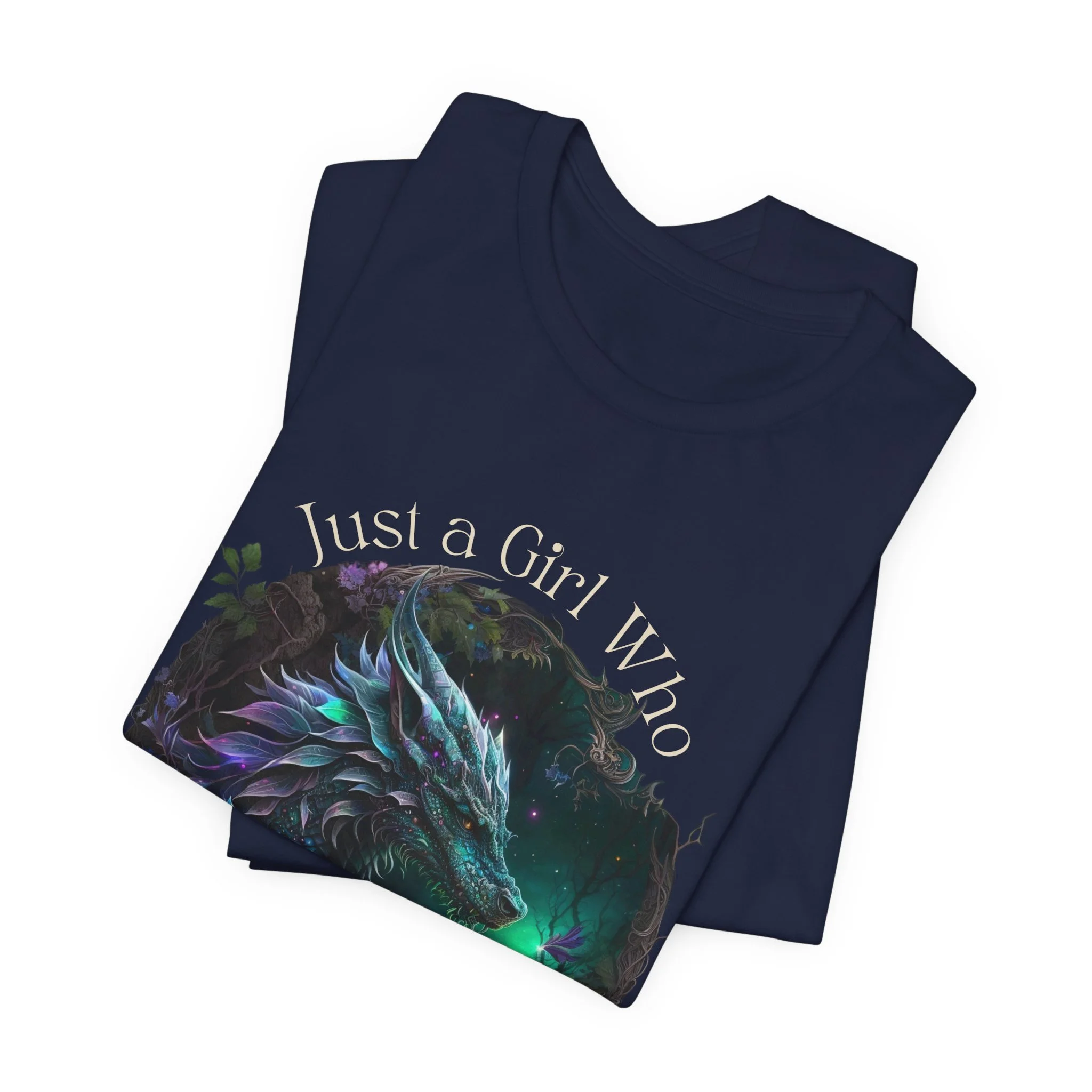 Navy dragon lover t-shirt with "Just a Girl Who Loves Dragons" circular design.