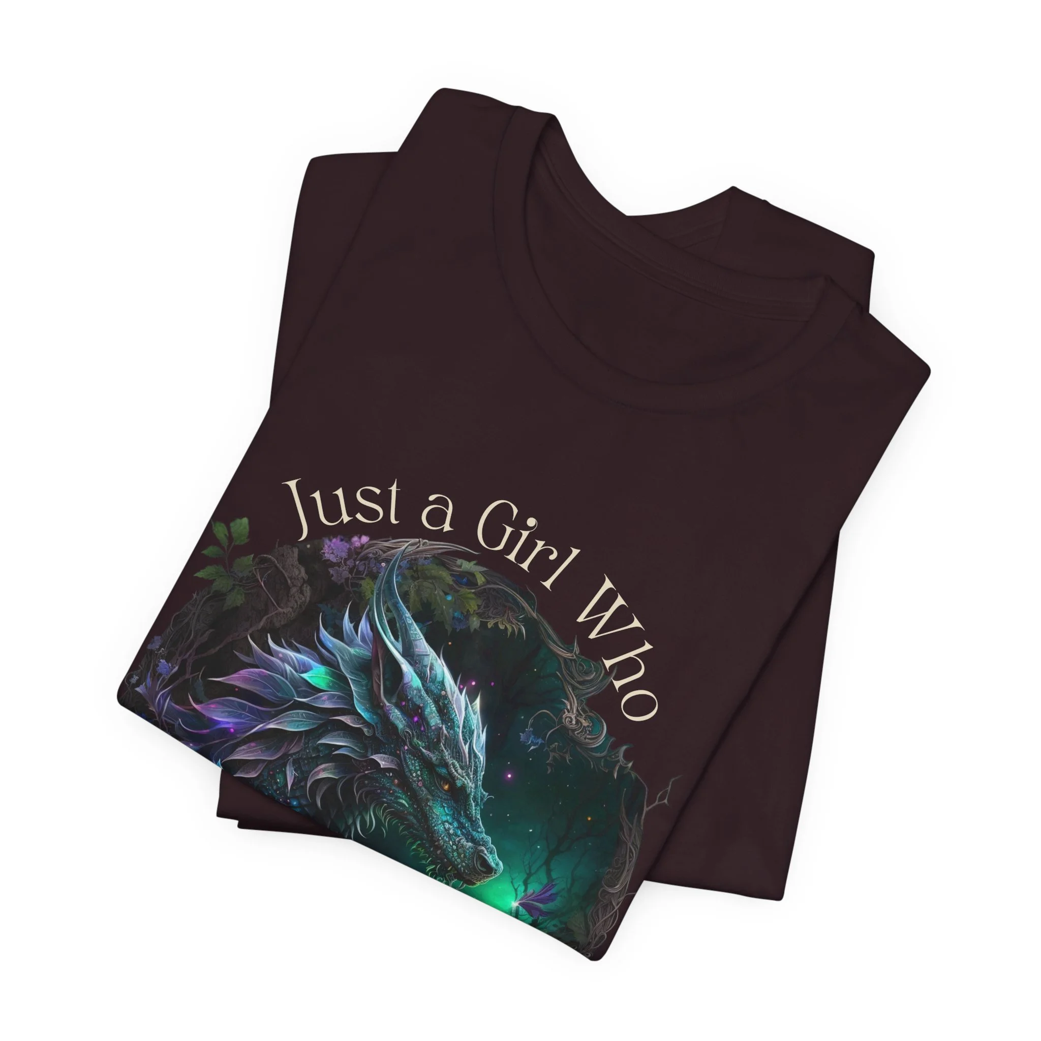 Oxblood black dragon shirt with glowing fantasy artwork and curved typography.