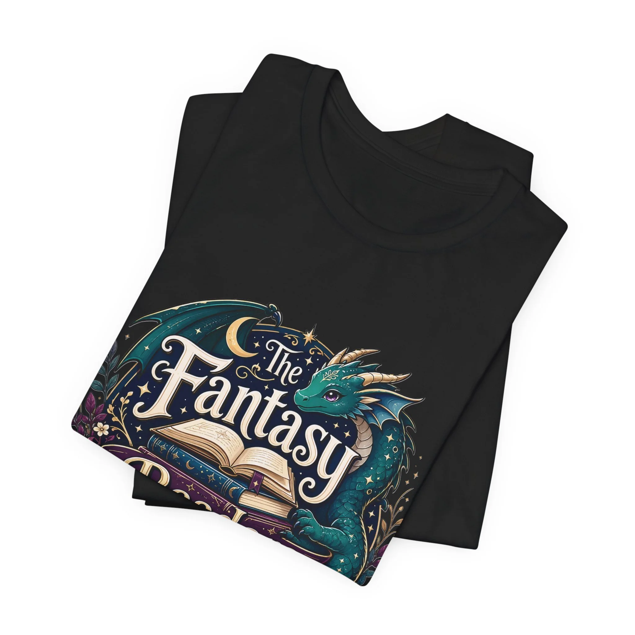 Folded black fantasy book lover shirt with "The Fantasy Readers Society" design and teal dragon accents.