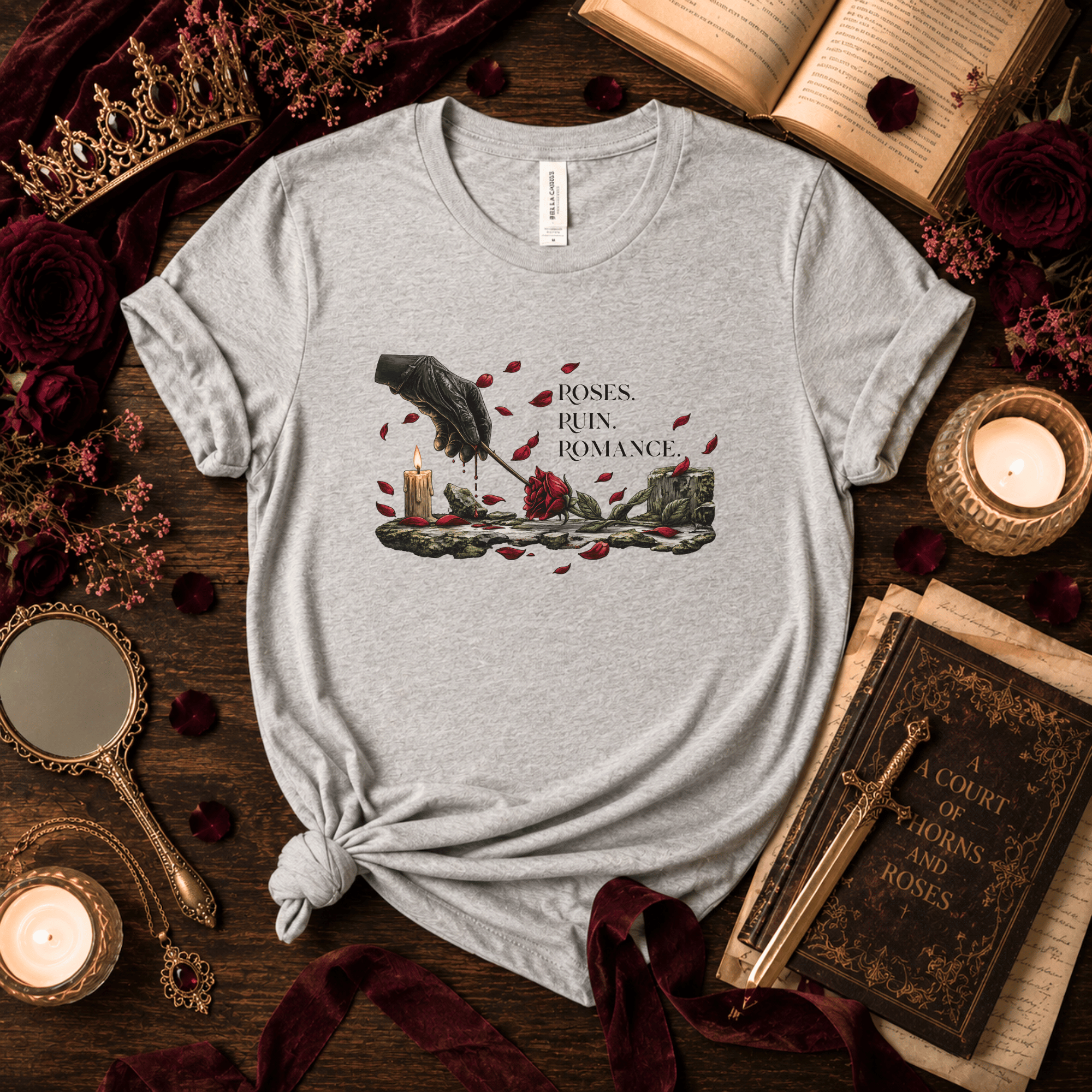 Roses, Ruin, Romance Fantasy T-Shirt – Gothic Romance Bookish Tee