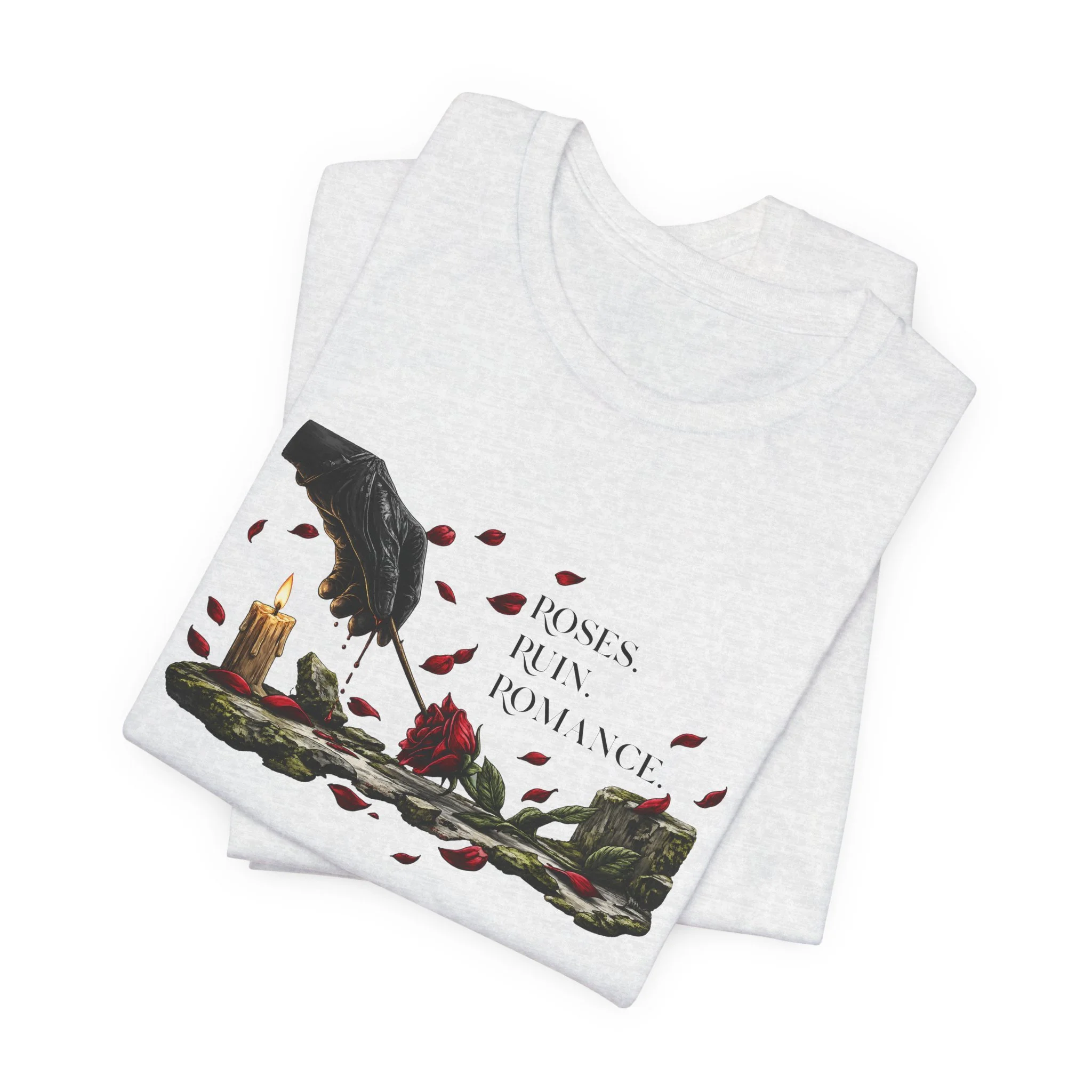Gray Roses Ruin Romance fantasy t-shirt flat lay featuring bleeding gloved hand and red rose artwork