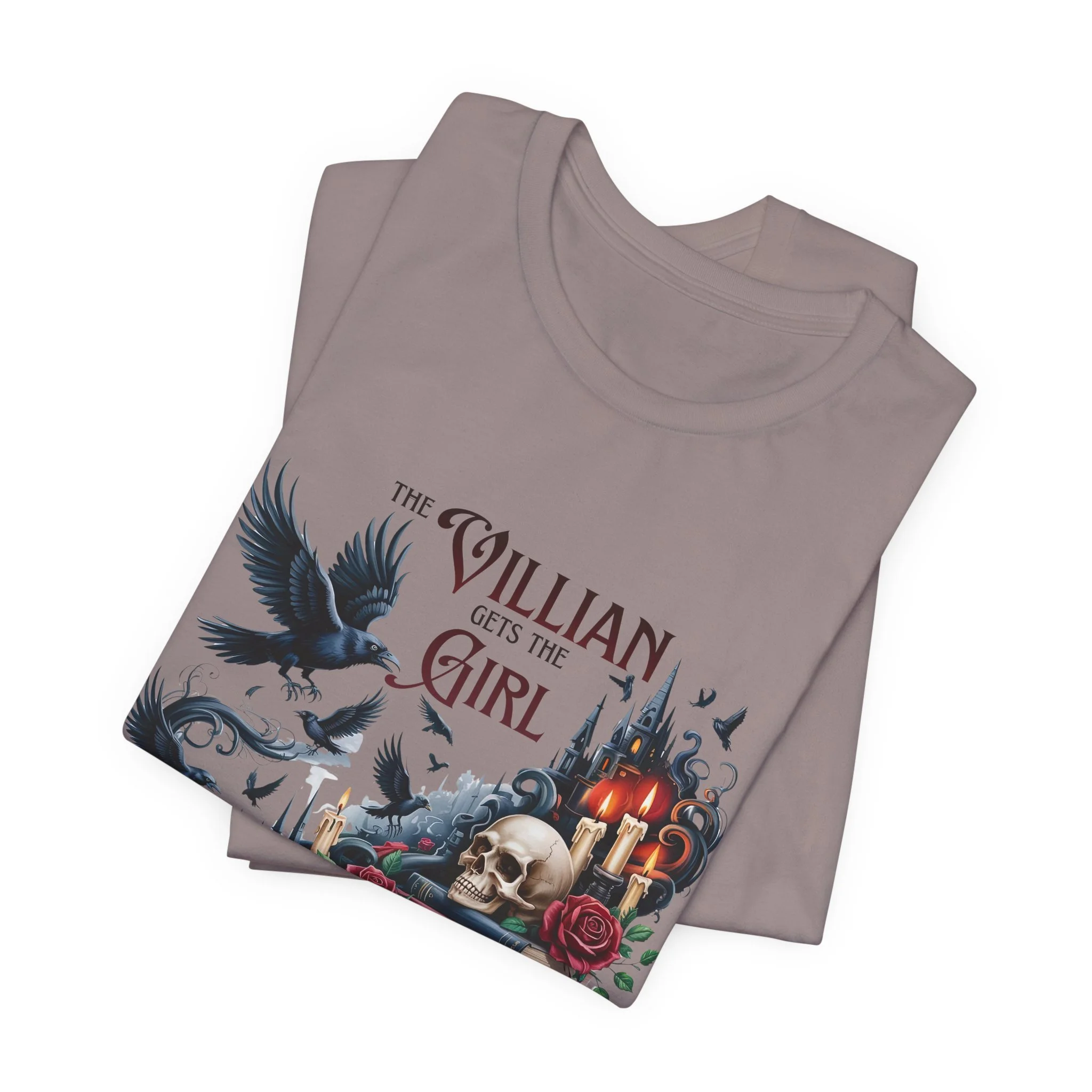Pebble brown dark romance t-shirt featuring ravens and vintage-inspired fantasy details.