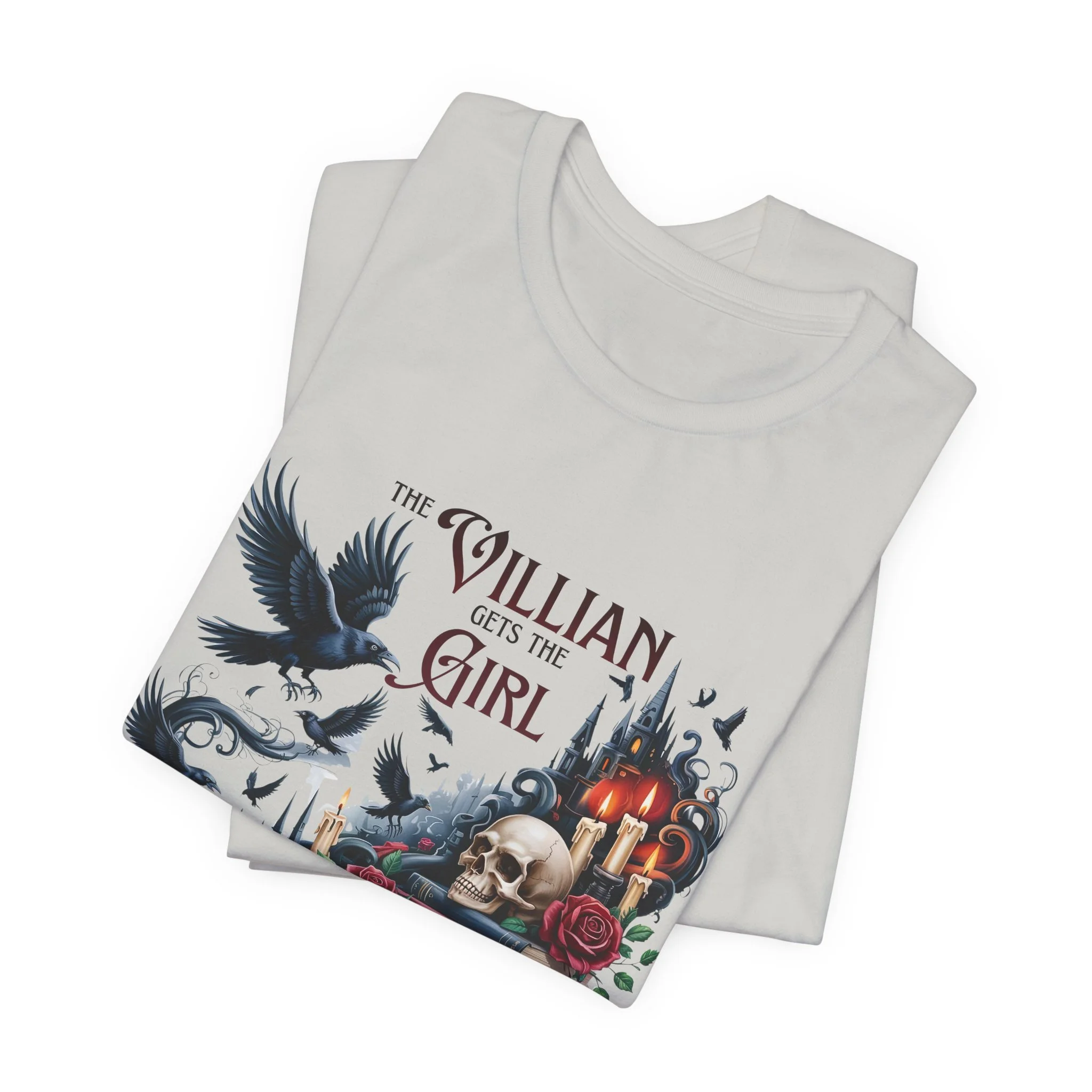 Folded silver gothic book lover shirt with dark academia artwork and villain-inspired details.