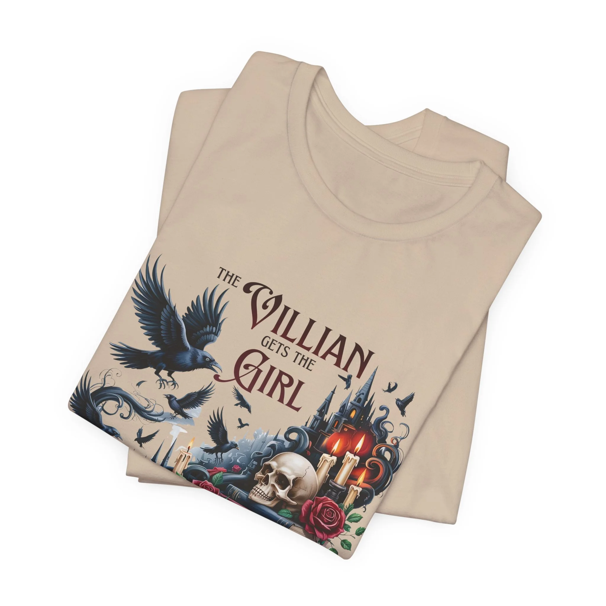 Tan fantasy reader shirt with "The Villain Girl" graphic and dark academia elements.