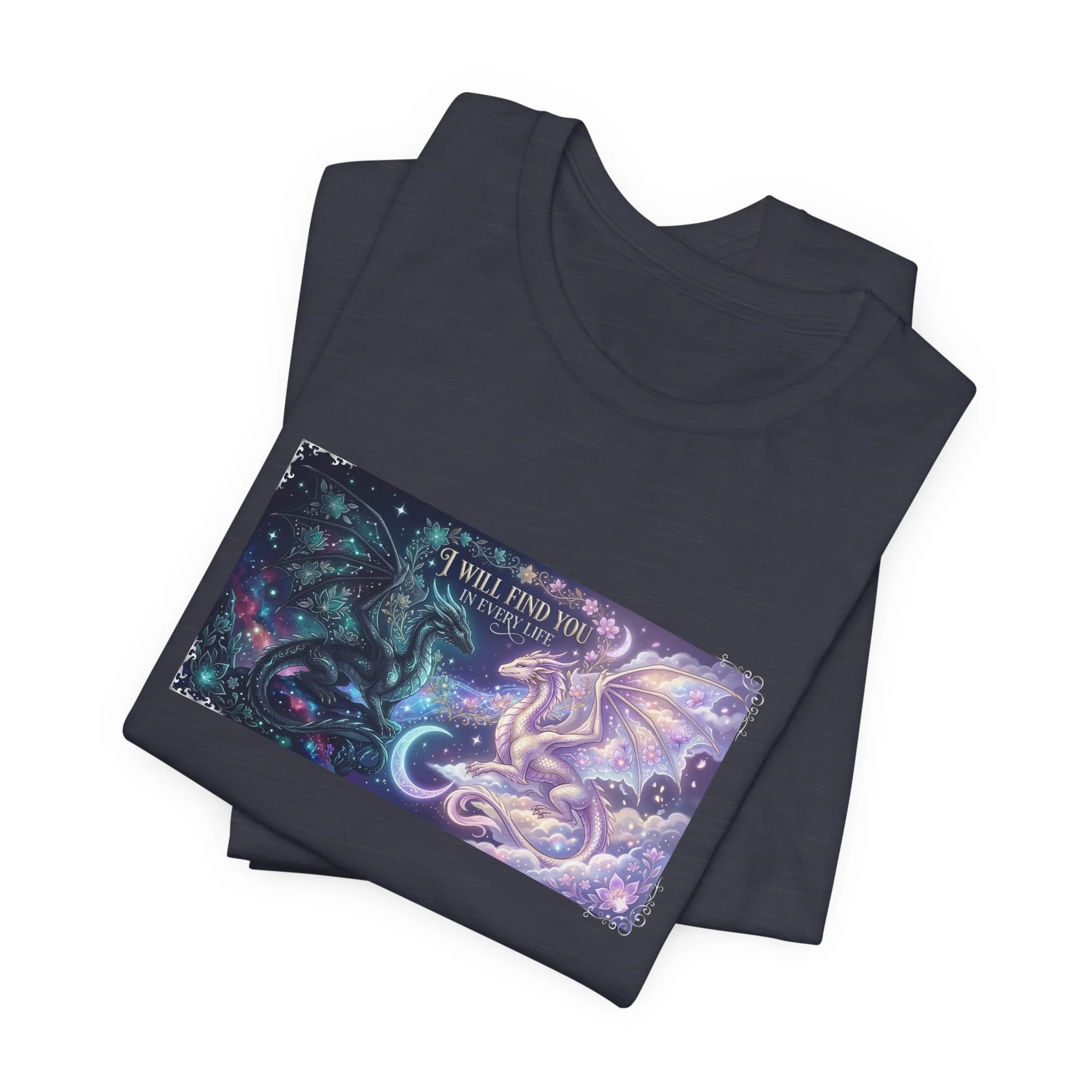 Heather midnight navy fantasy graphic tee with intertwined dragons and glowing celestial details.