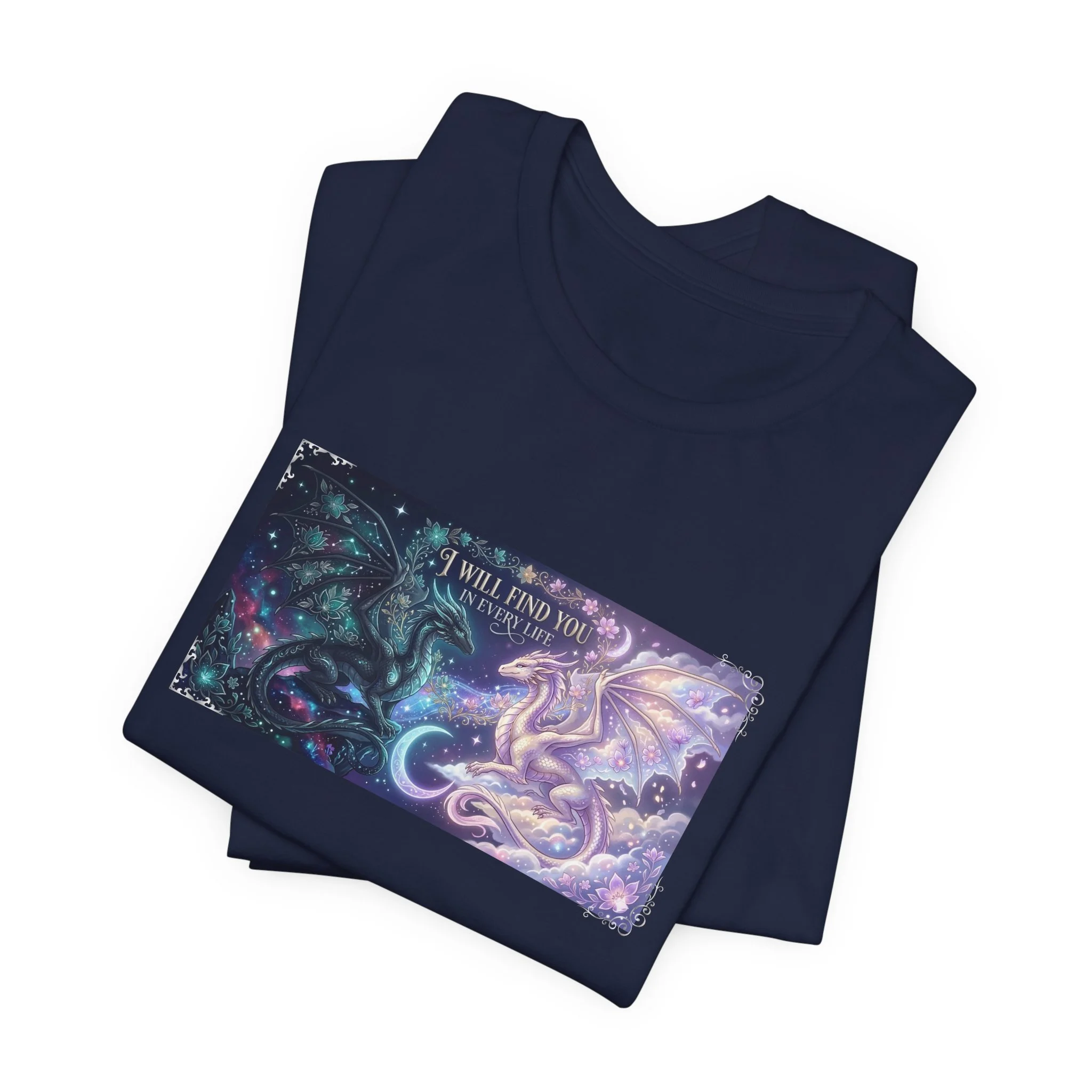 Navy dragon shirt featuring magical artwork in shades of purple, blue, and lavender.