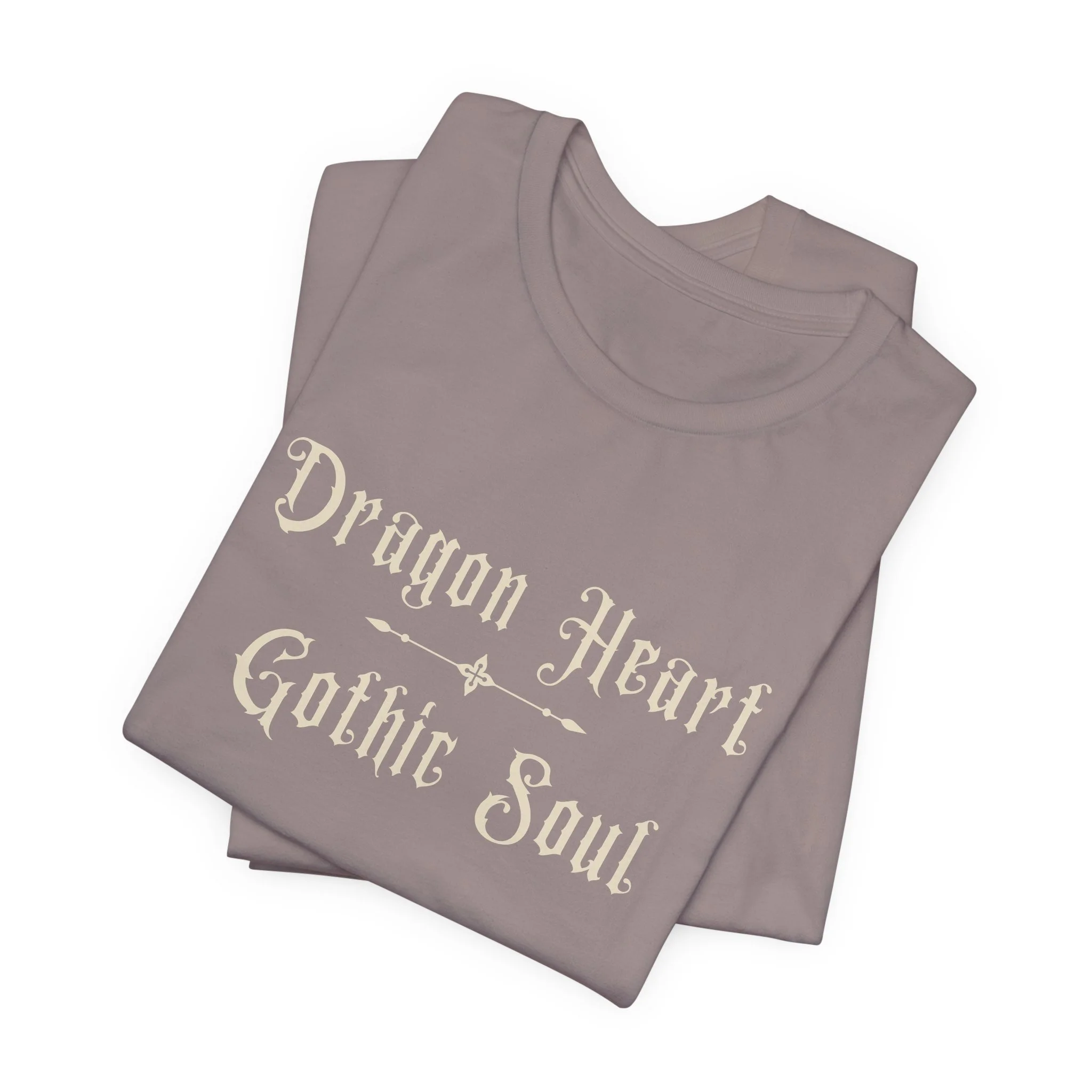 Folded Pebble Brown Bella+Canvas t-shirt featuring the "Dragon Heart, Gothic Soul" design.