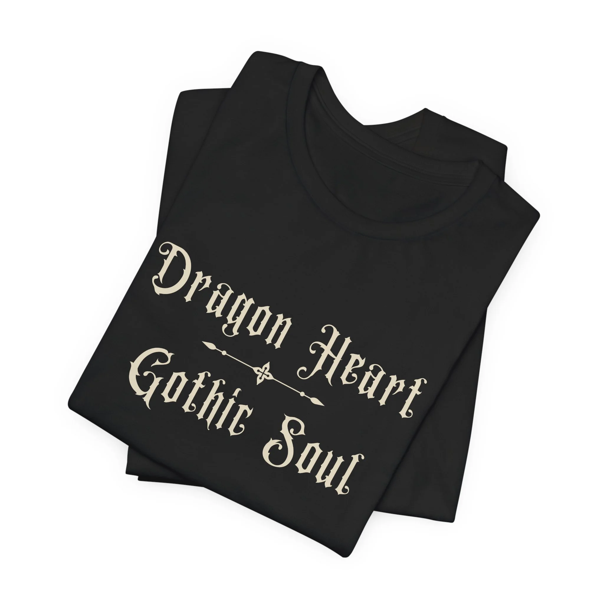 Folded Black Bella+Canvas fantasy typography graphic t-shirt.