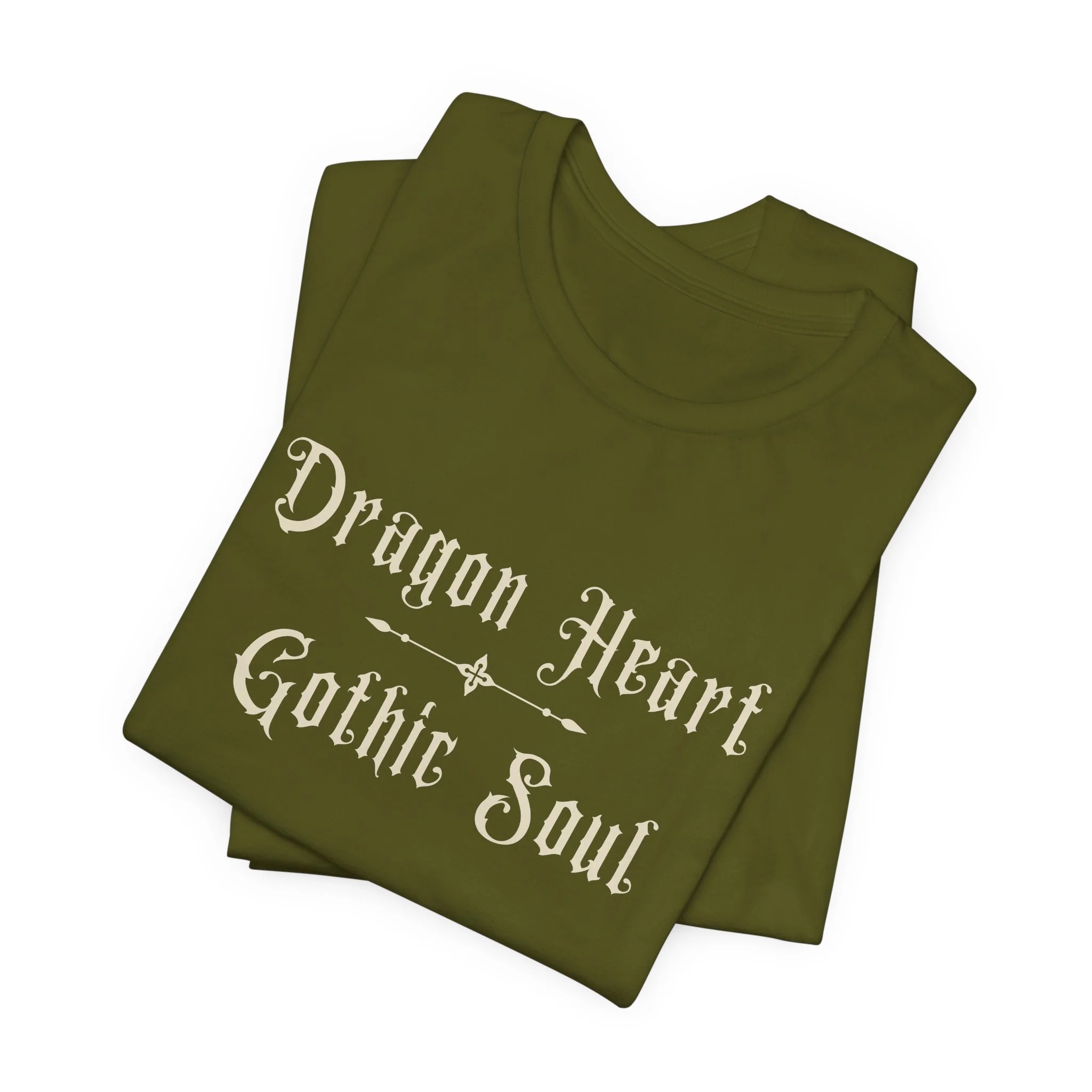 Folded Olive Bella+Canvas t-shirt with the "Dragon Heart, Gothic Soul" gothic design.