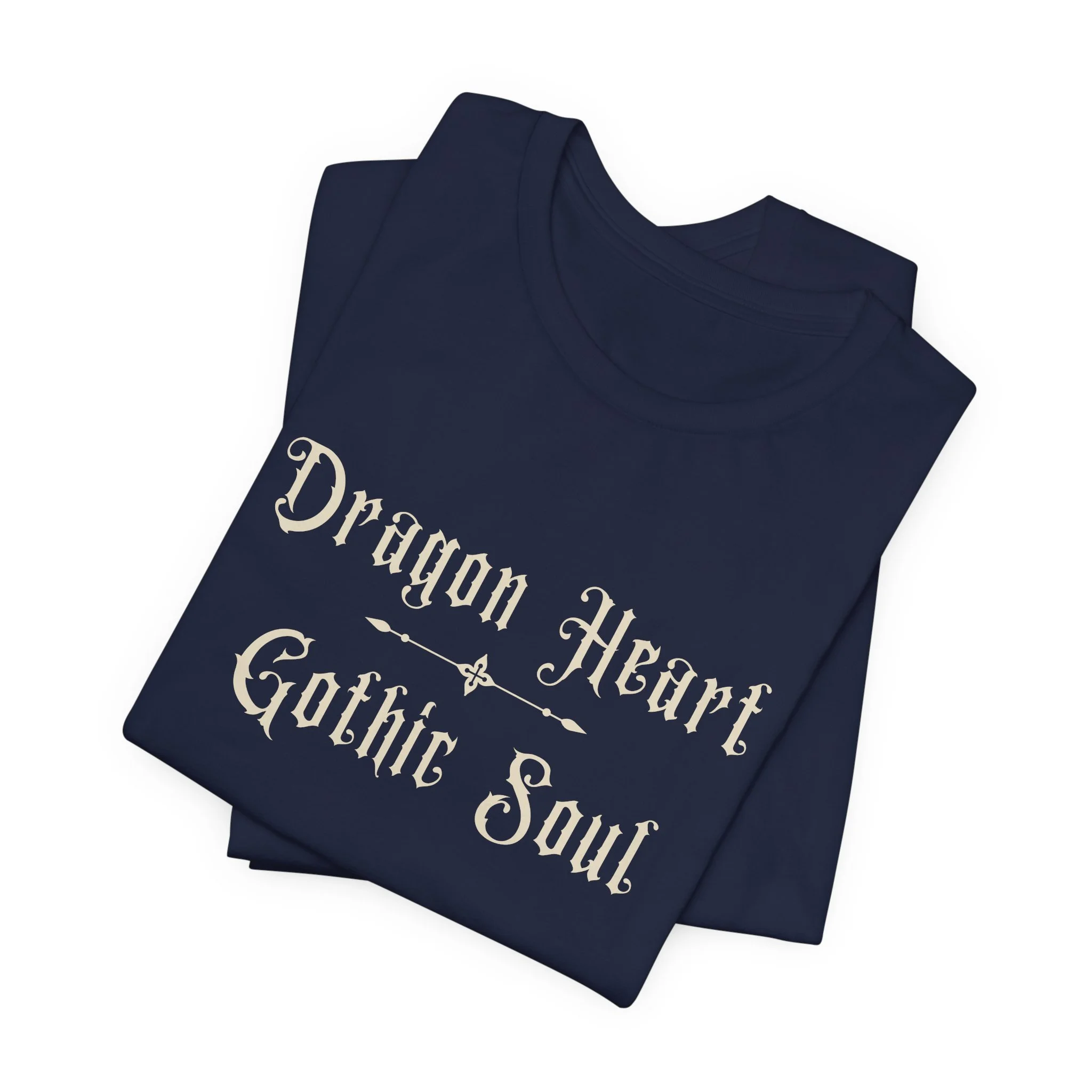 Folded Navy Bella+Canvas "Dragon Heart, Gothic Soul" graphic t-shirt.
