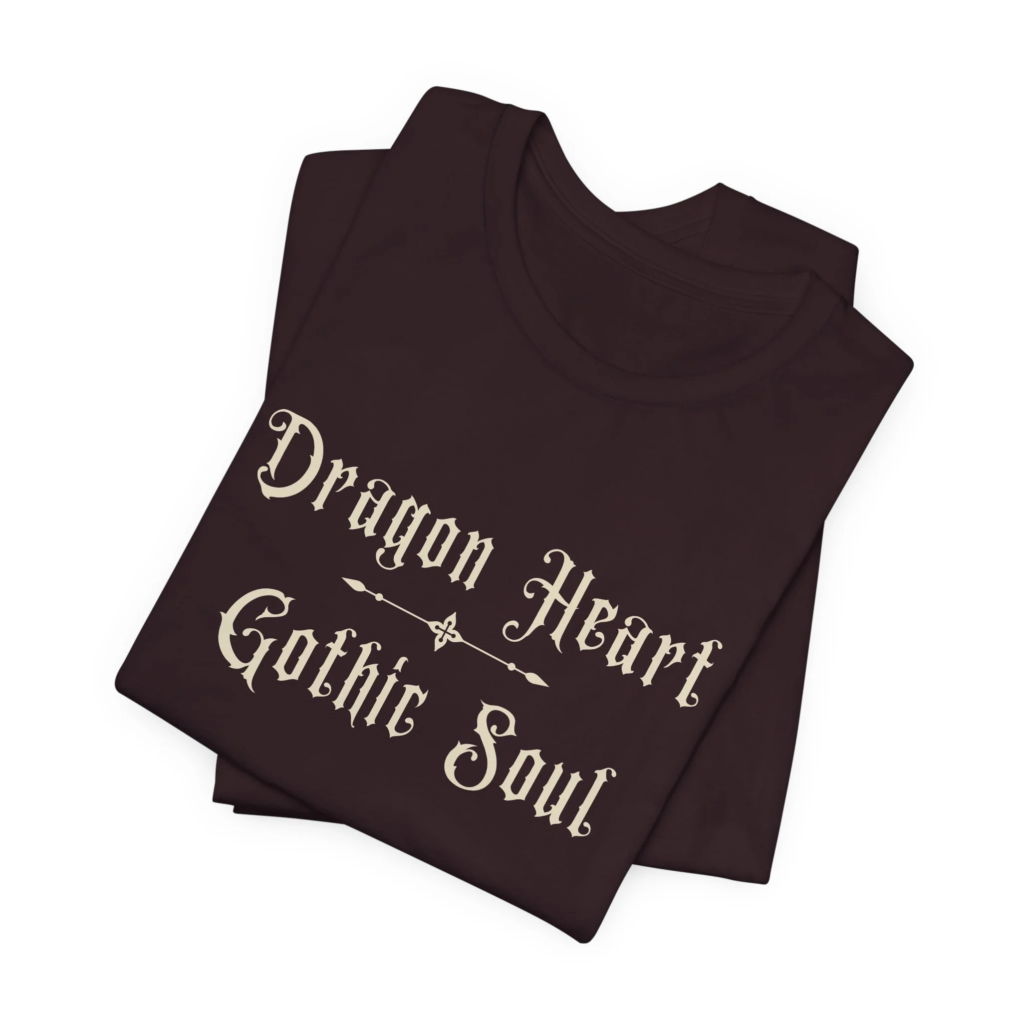 Folded Oxblood Black Bella+Canvas fantasy typography t-shirt.