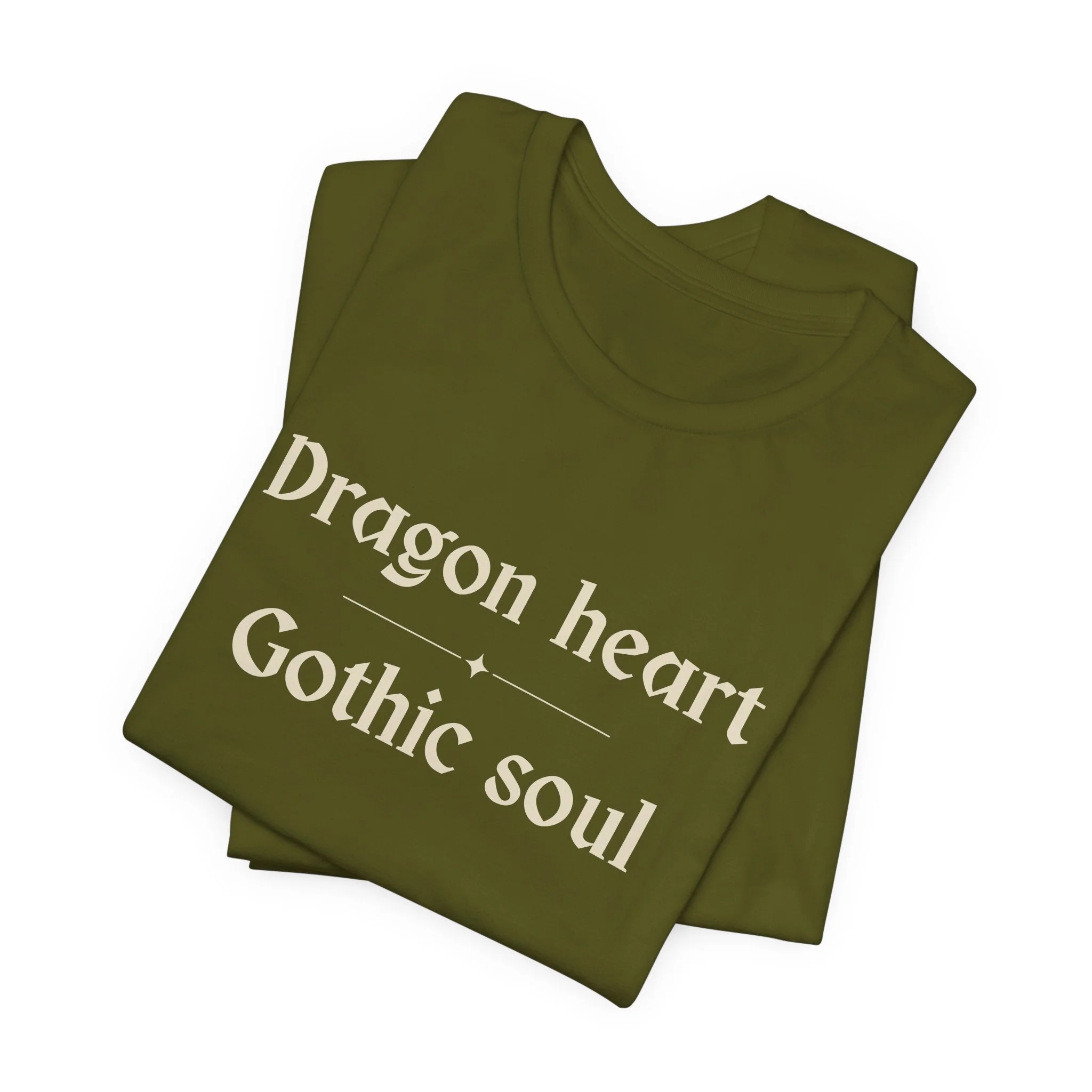 Folded Olive Bella+Canvas minimalist fantasy typography t-shirt.