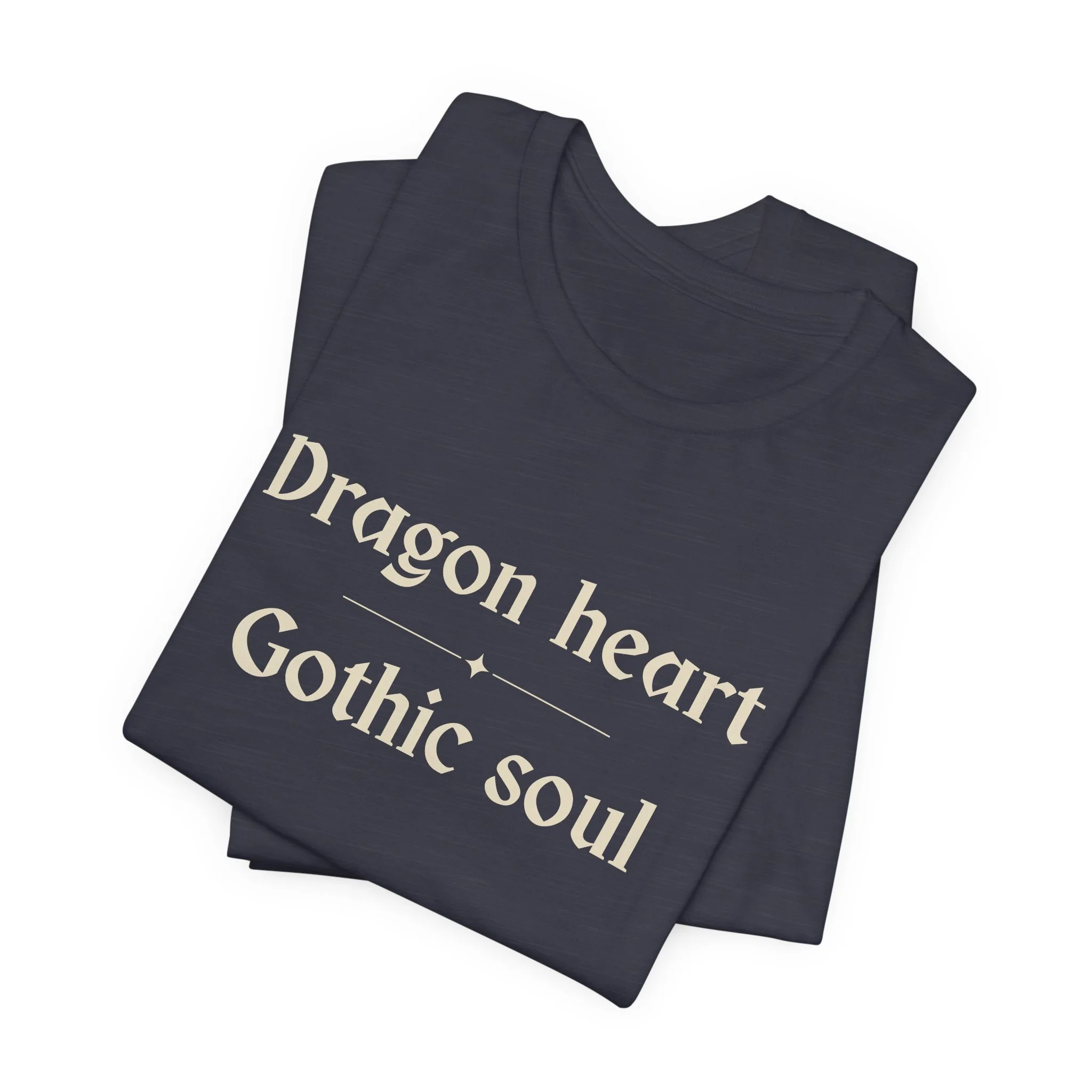 Folded Heather Midnight Navy Bella+Canvas gothic typography t-shirt.