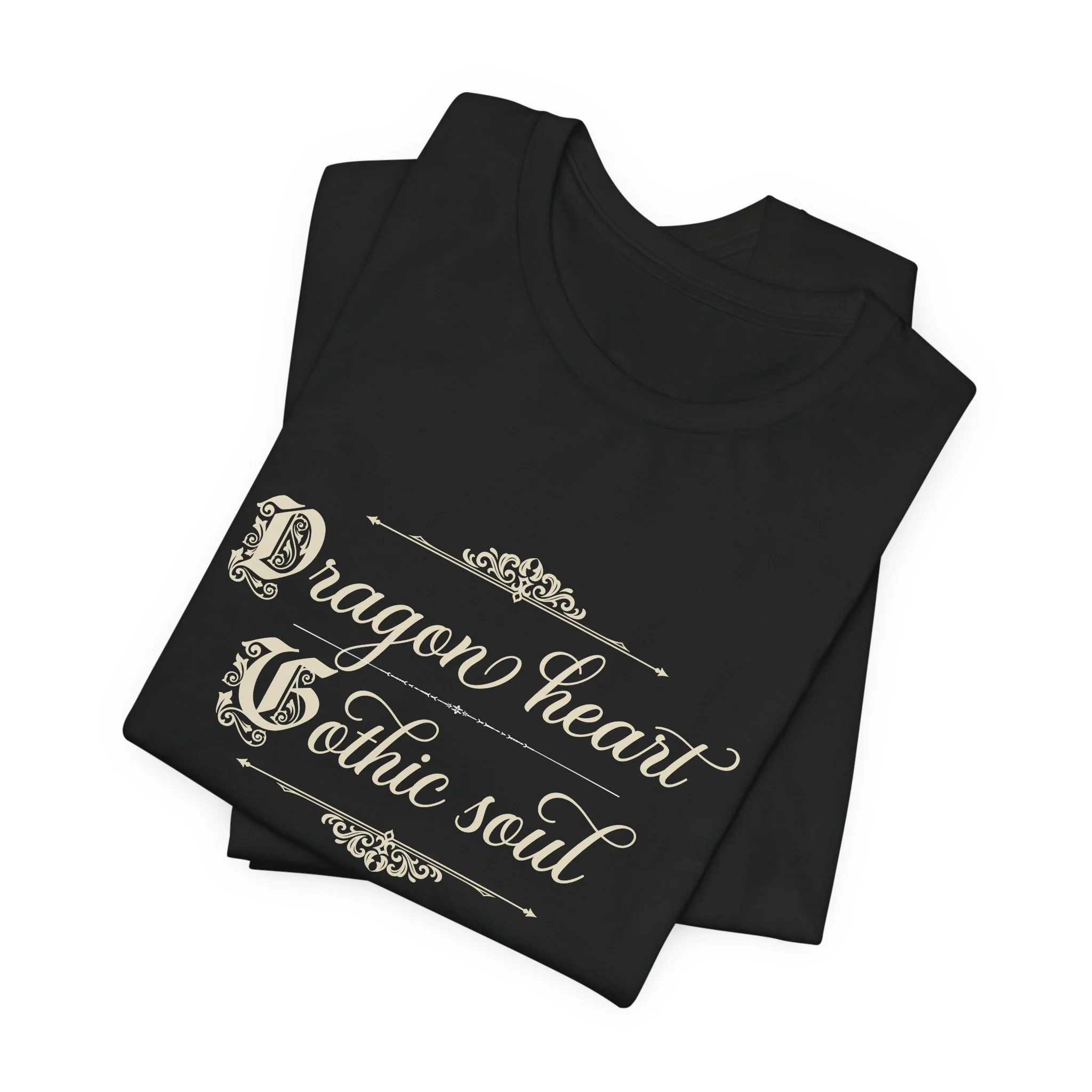 Folded Black Bella+Canvas fantasy graphic t-shirt with the "Dragon Heart, Gothic Soul" vintage design.