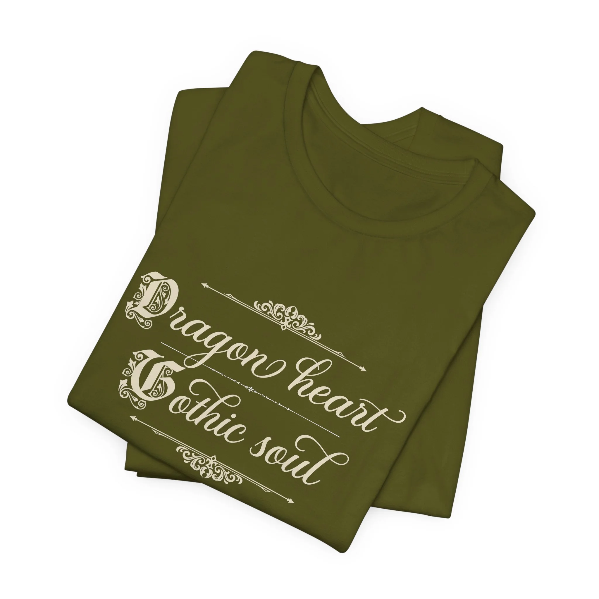 Folded Olive Bella+Canvas t-shirt featuring an ornate gothic fantasy typography design.