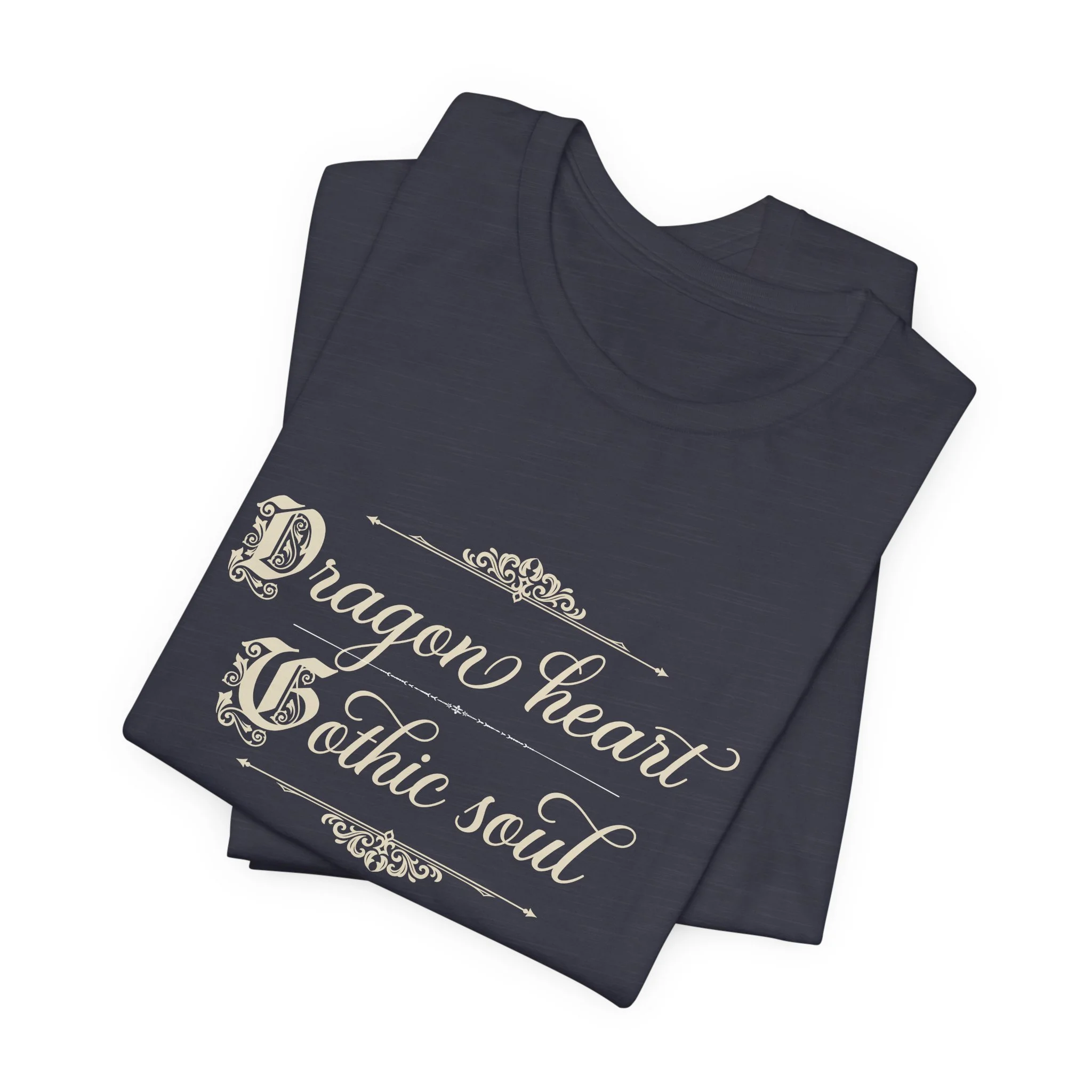 Folded Heather Midnight Navy Bella+Canvas vintage fantasy typography t-shirt.