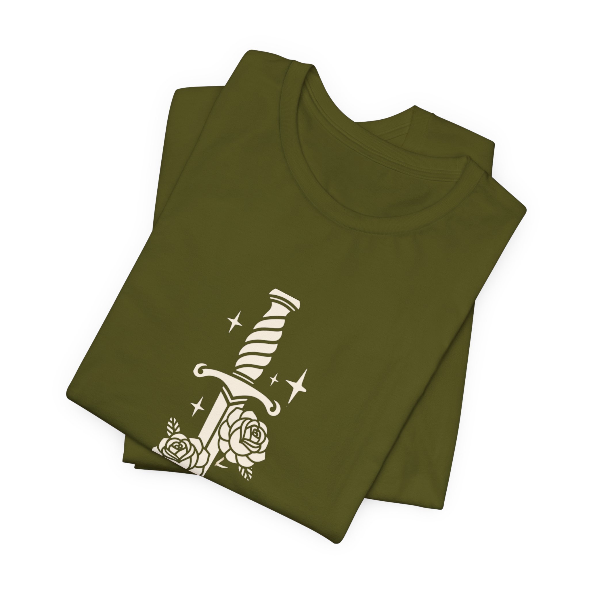 Folded Olive Bella+Canvas t-shirt featuring a dagger wrapped in blooming roses.