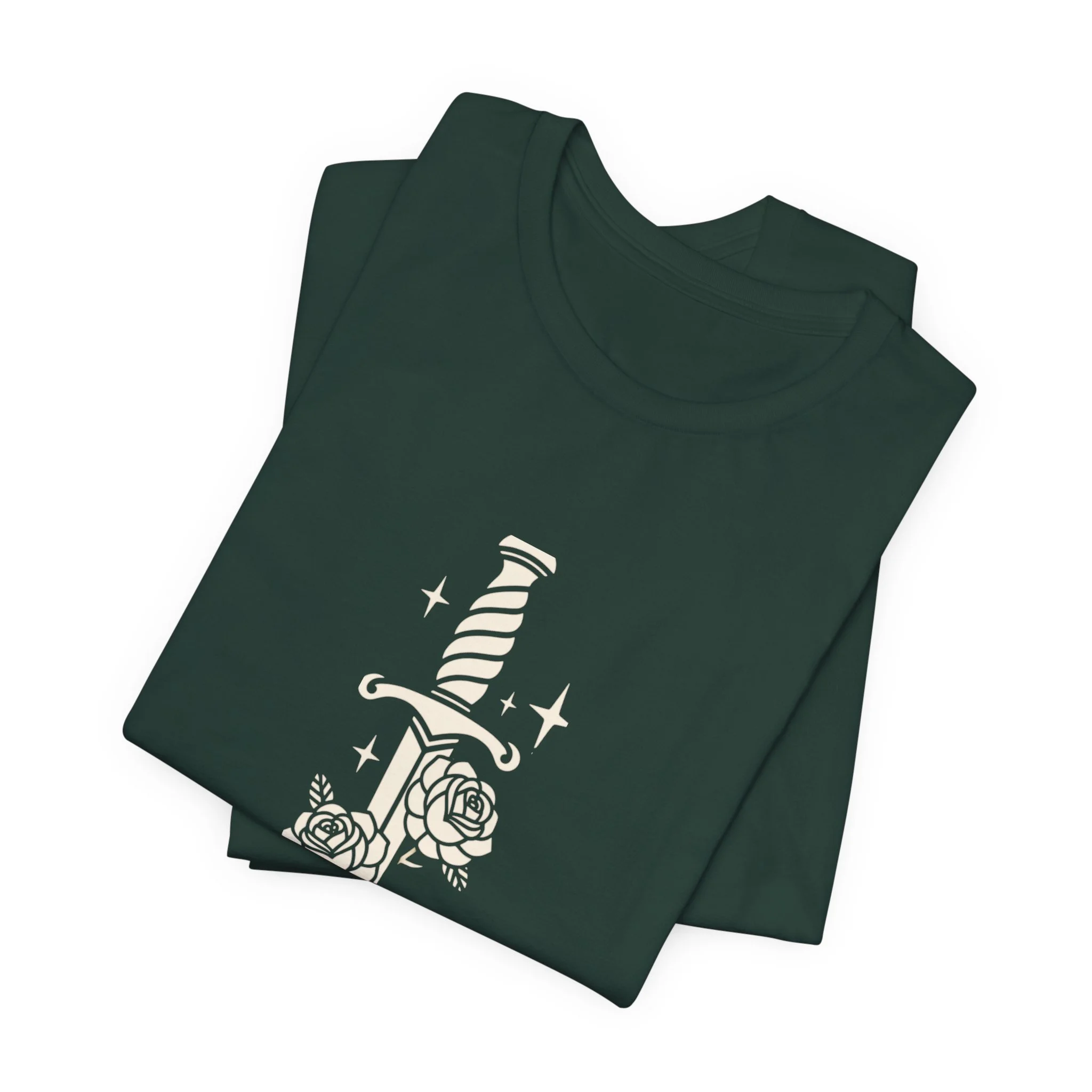 Folded Forest Green Bella+Canvas fantasy graphic t-shirt with dagger and rose artwork.