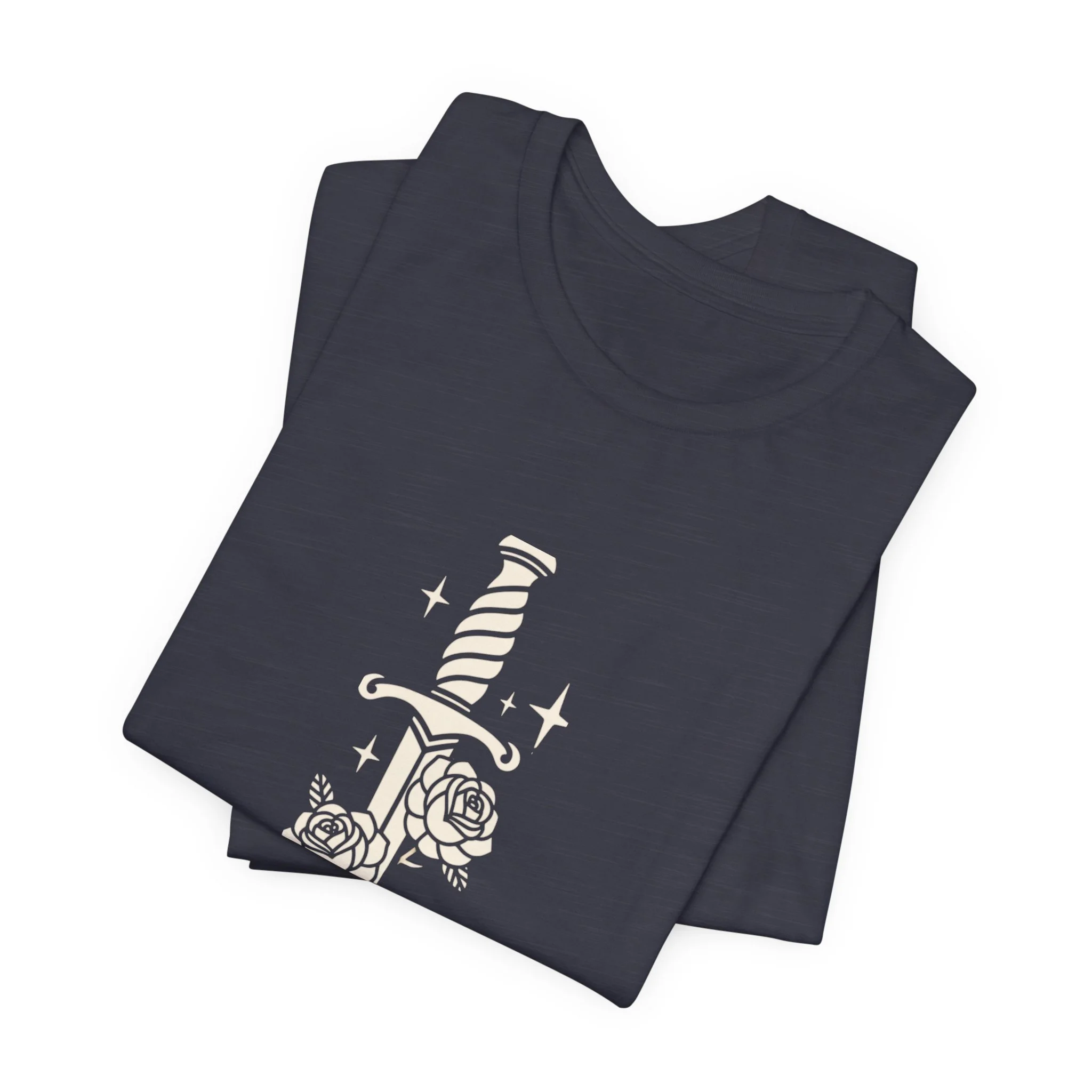 Folded Heather Midnight Navy Bella+Canvas dagger and roses fantasy t-shirt.