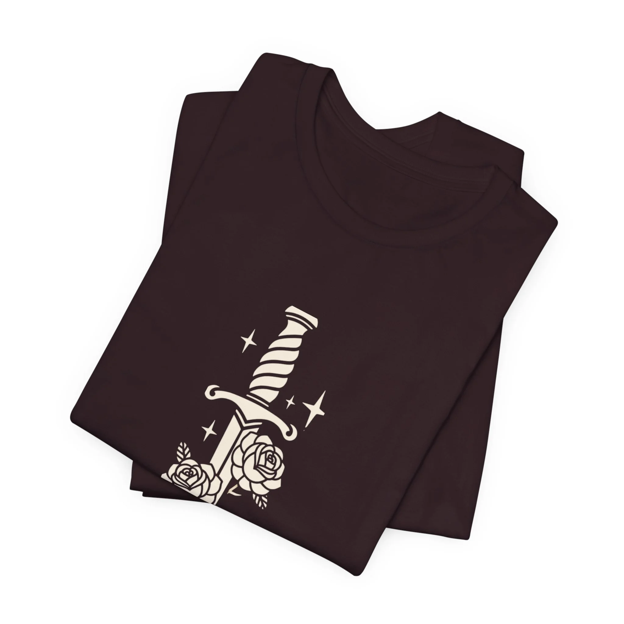 Folded Oxblood Black Bella+Canvas fantasy graphic t-shirt with dagger, roses, and star accents.